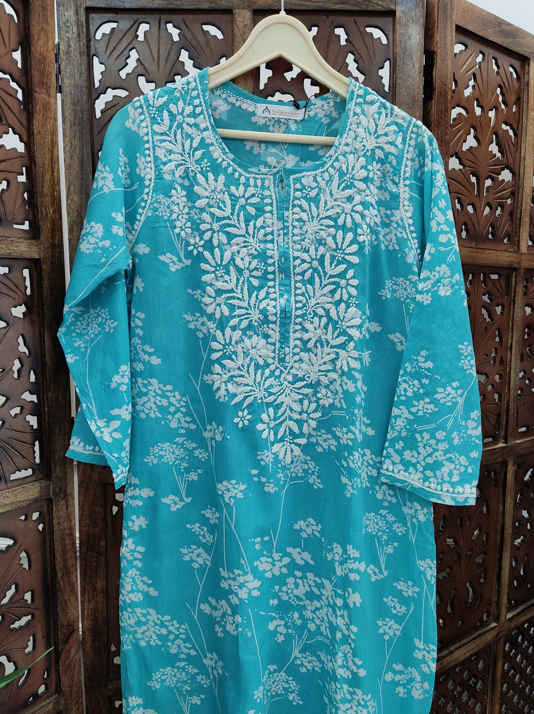 Sea Green Cotton Printed Chikankari Straight Kurti