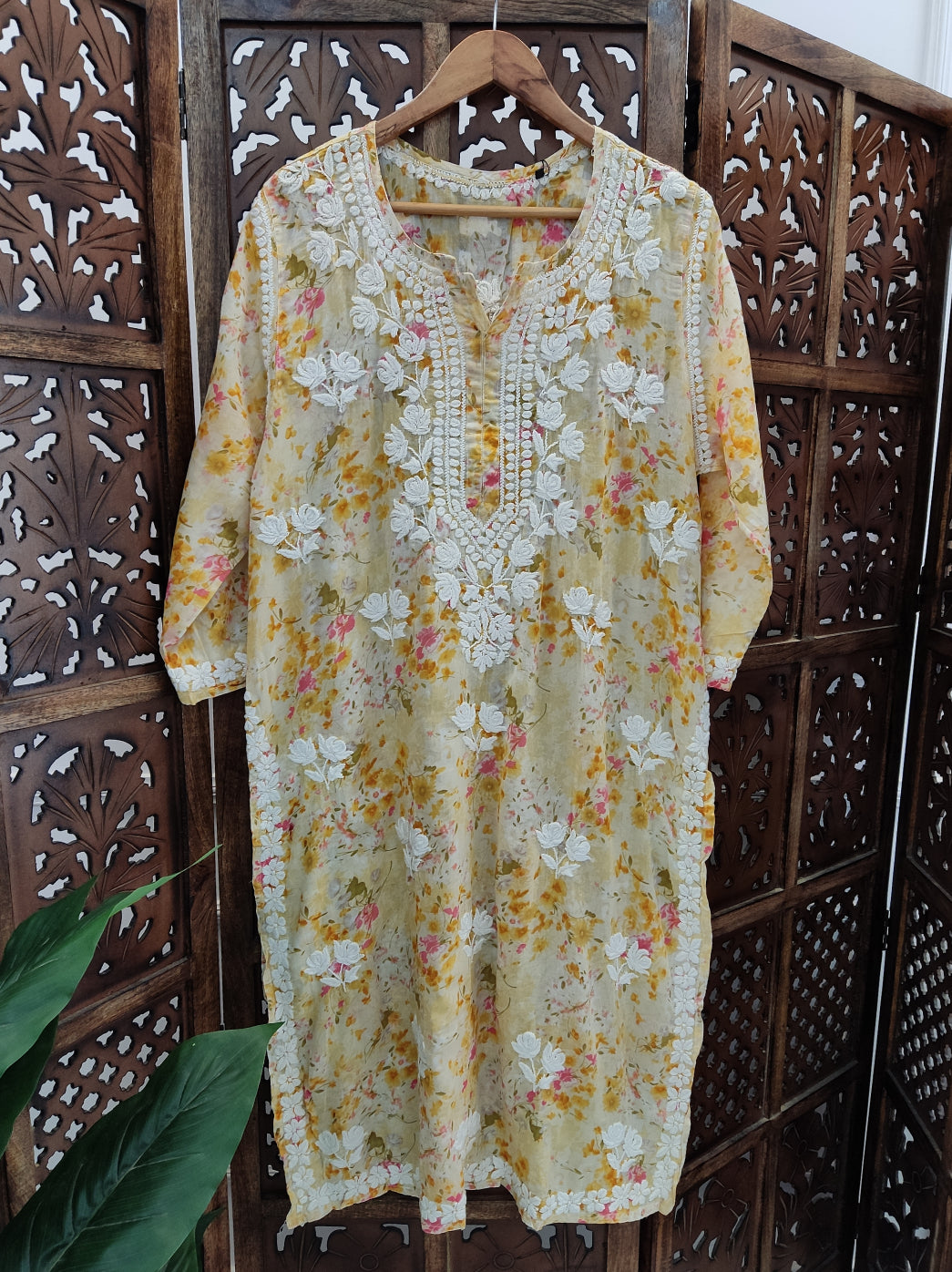 Yellow Mulmul Printed Chikankari Straight Kurti