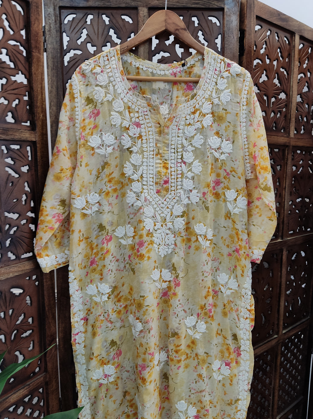 Yellow Mulmul Printed Chikankari Straight Kurti