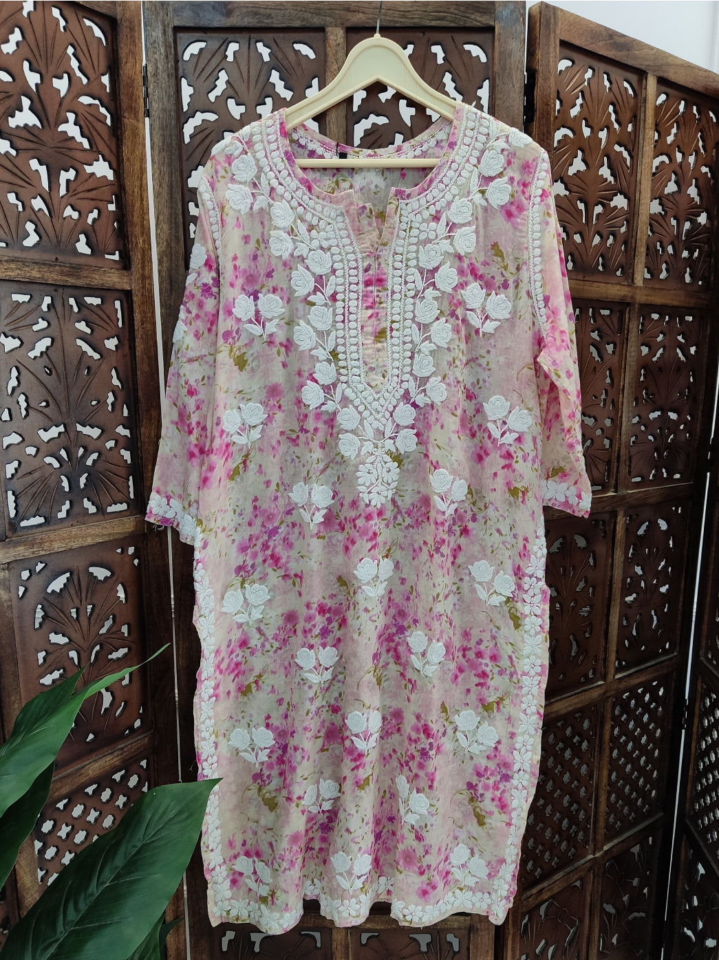 Onion Pink Mulmul Printed Chikankari Straight Kurti