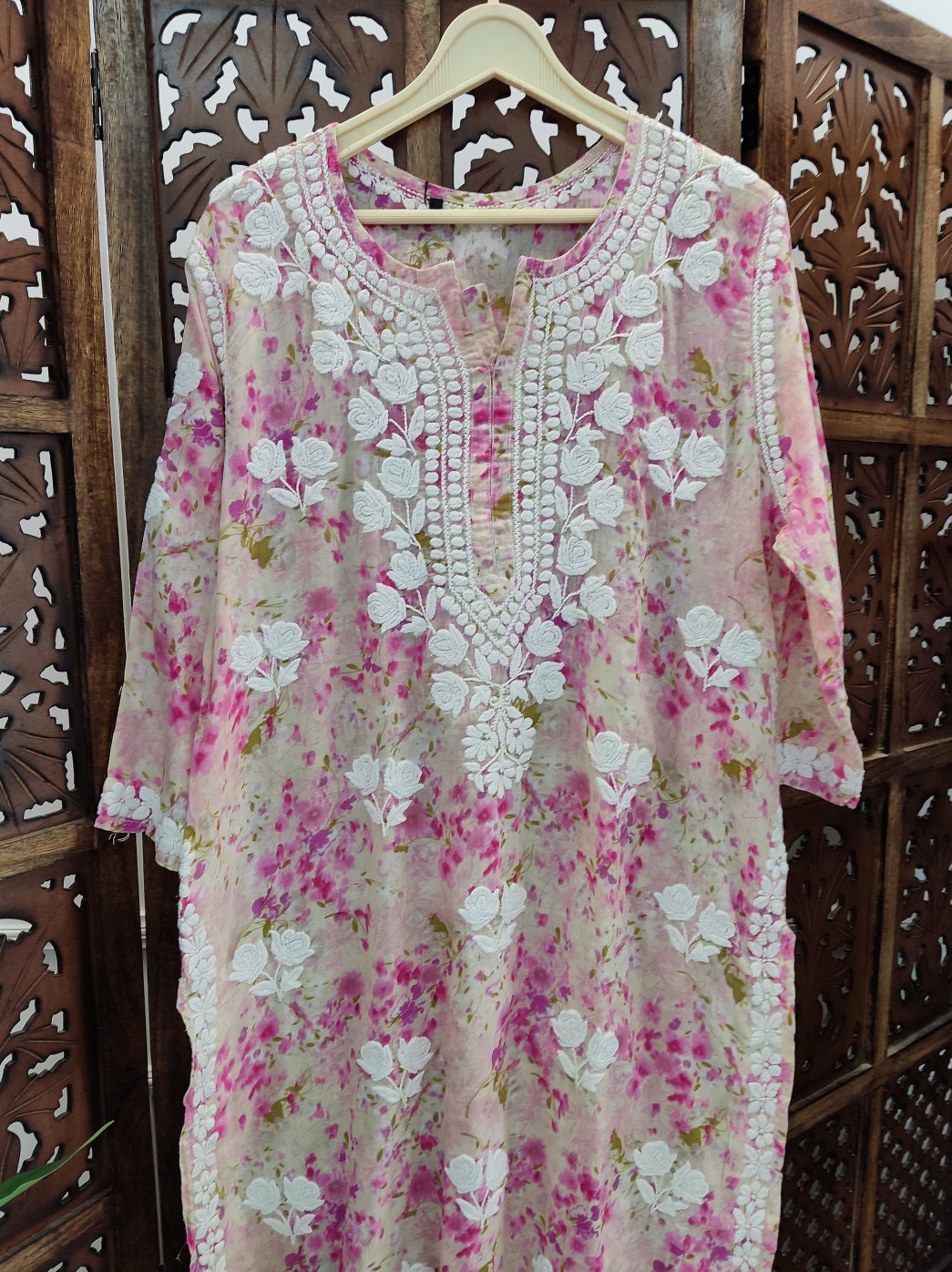 Onion Pink Mulmul Printed Chikankari Straight Kurti