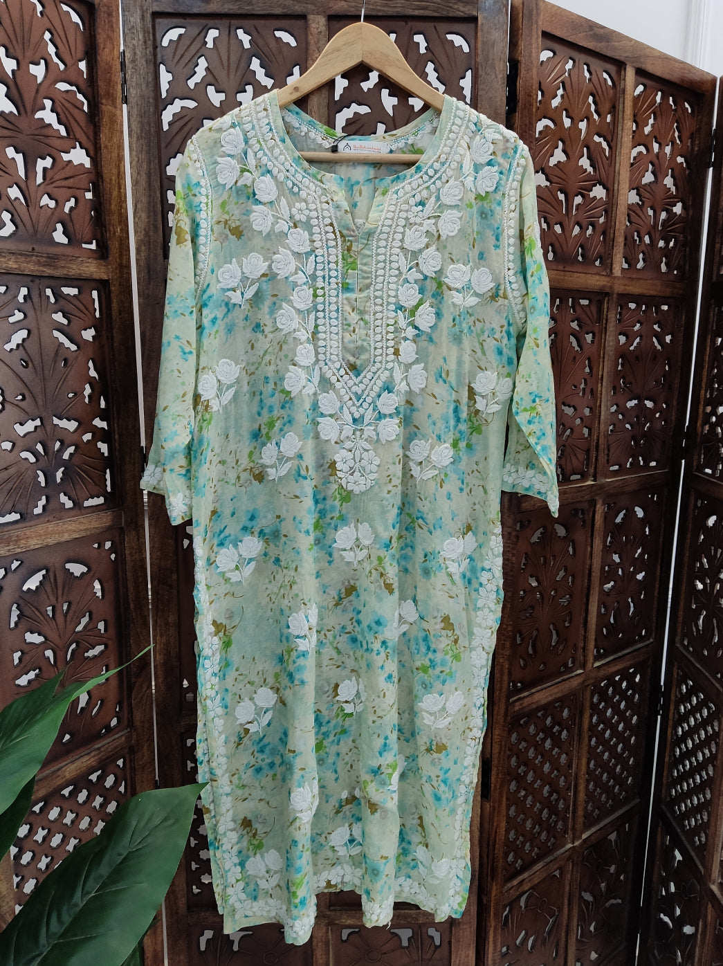 Green Mulmul Printed Chikankari Straight Kurti