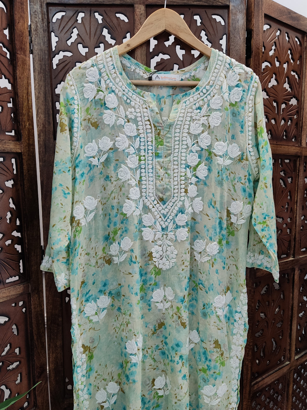 Green Mulmul Printed Chikankari Straight Kurti