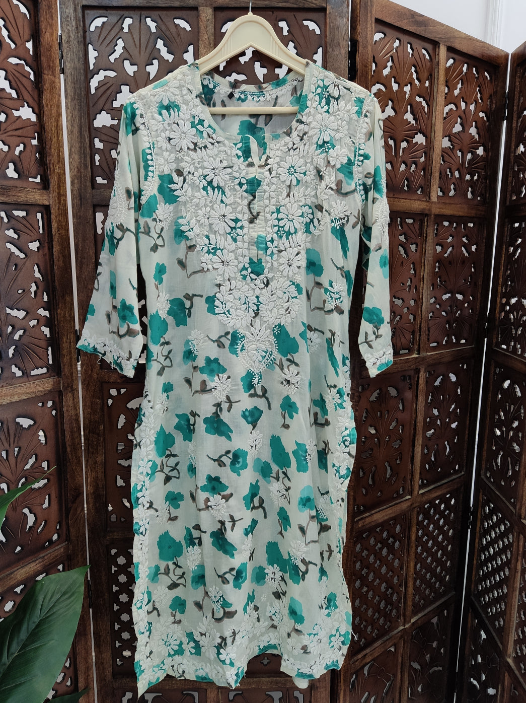 Green Mulmul Printed Chikankari Straight Kurti