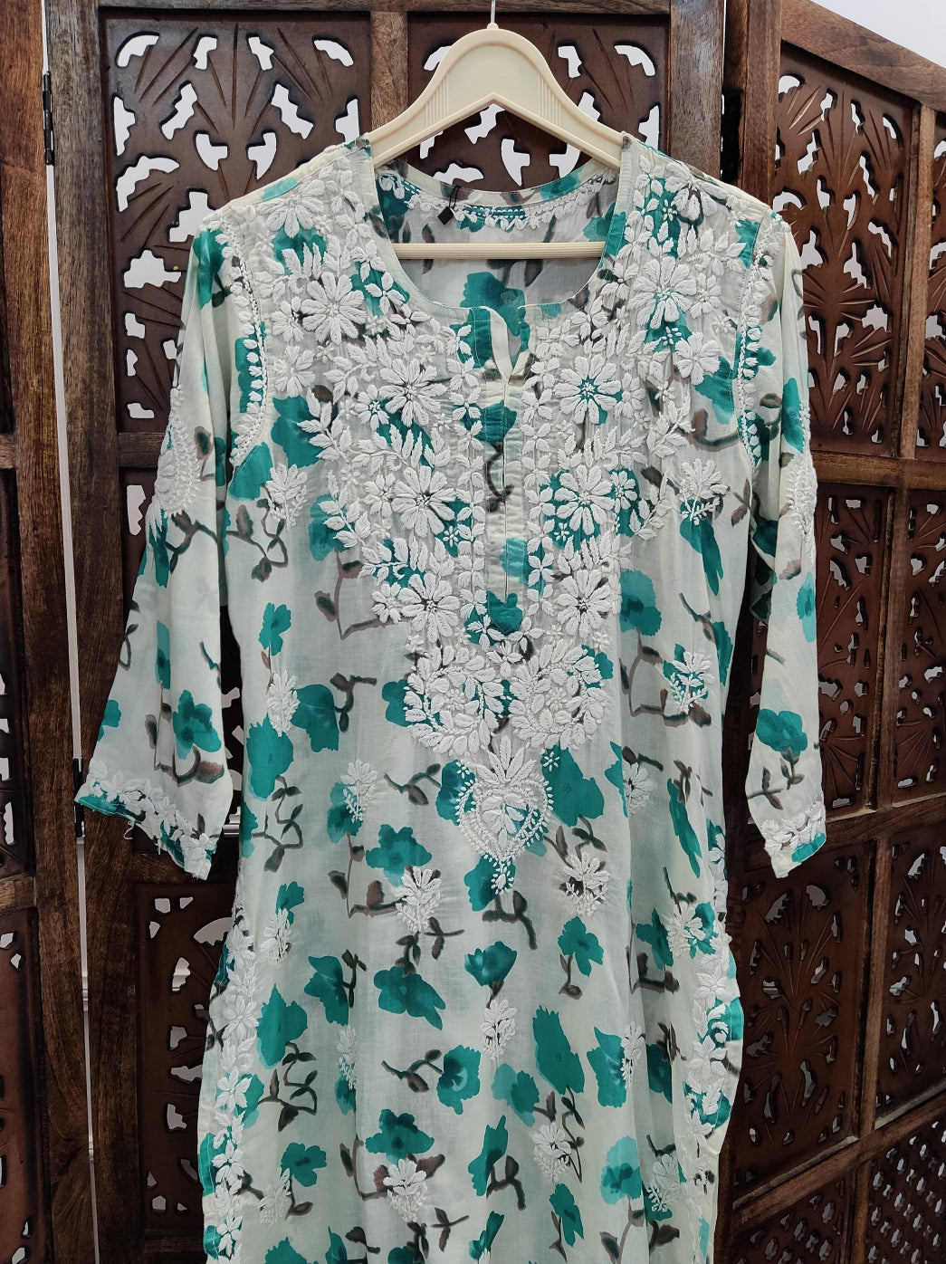 Green Mulmul Printed Chikankari Straight Kurti