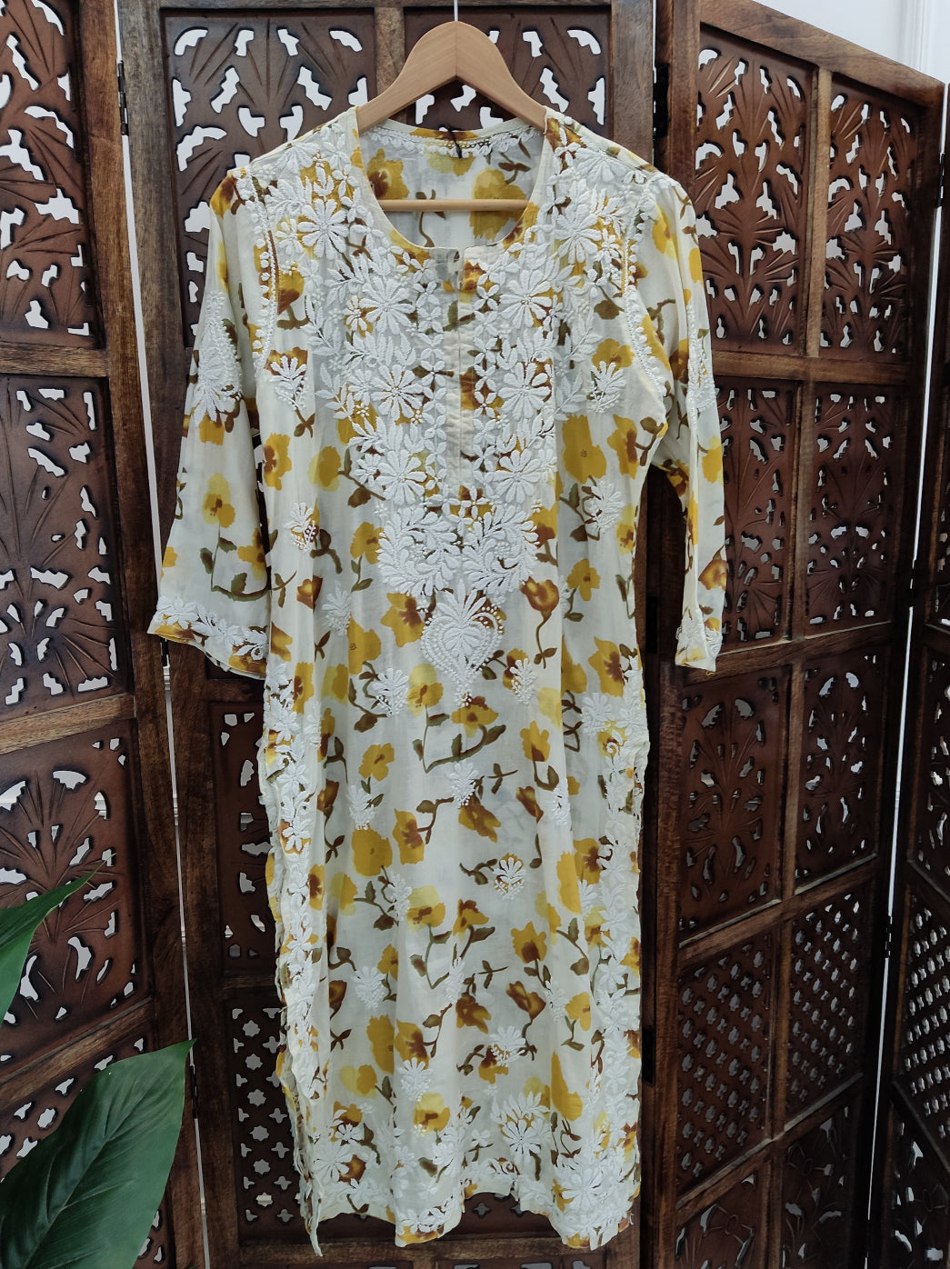 Yellow Mulmul Printed Chikankari Straight Kurti