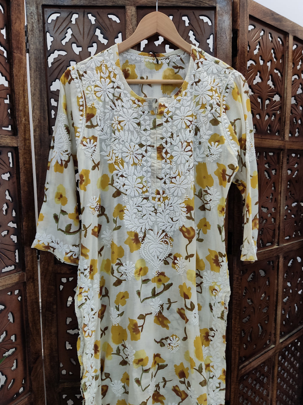 Yellow Mulmul Printed Chikankari Straight Kurti