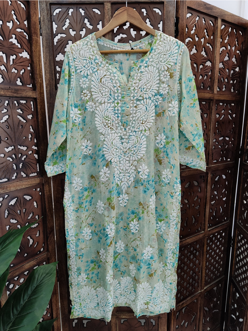 Green Mulmul Printed Chikankari Straight Kurti