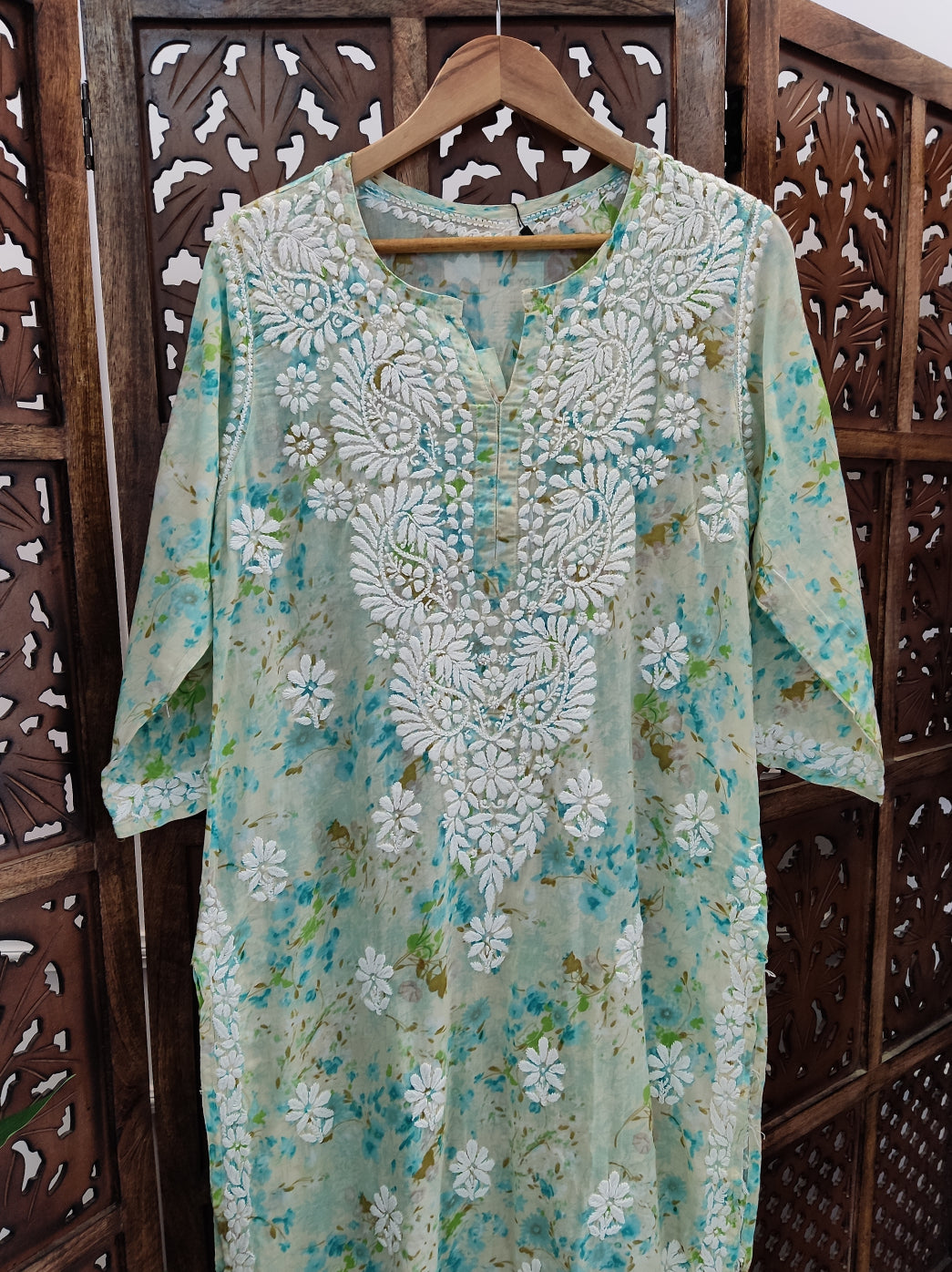 Green Mulmul Printed Chikankari Straight Kurti