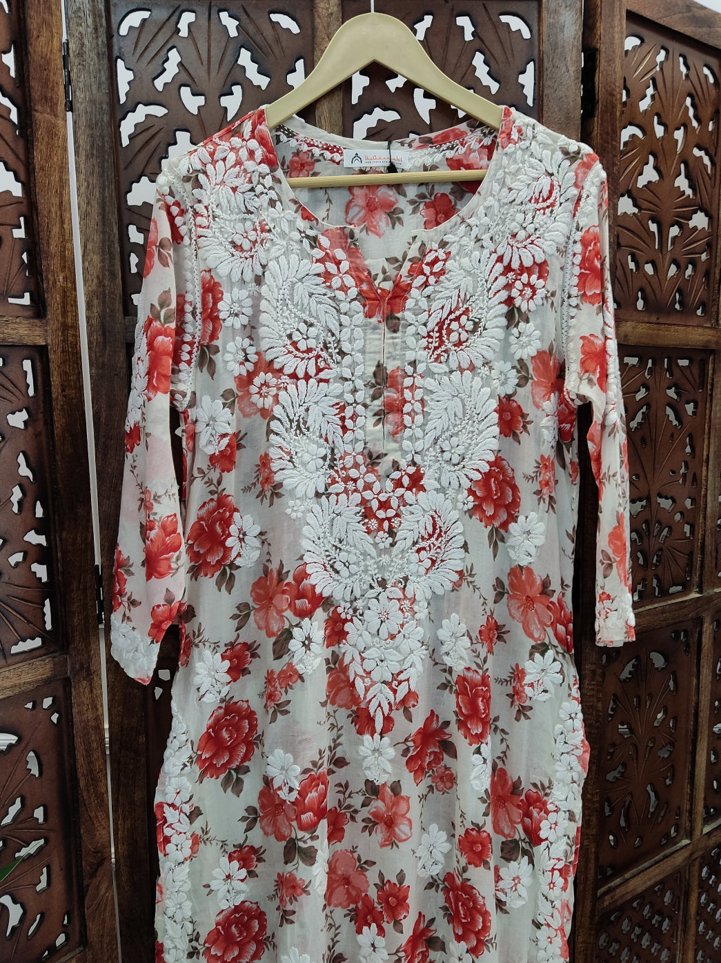 Red Mulmul Printed Chikankari Straight Kurti