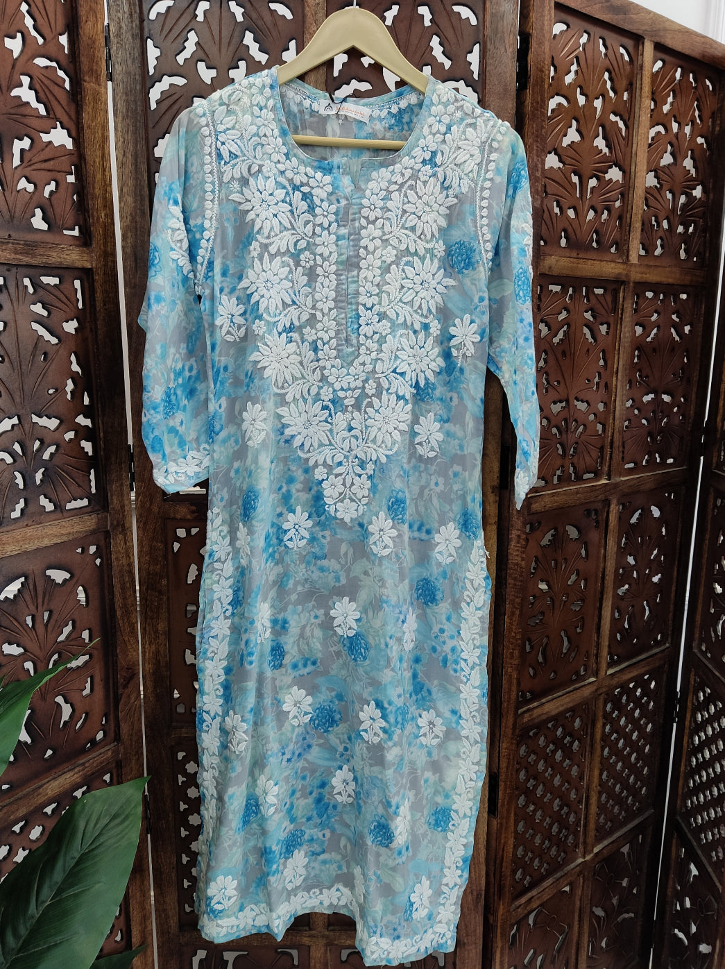 Sky Blue Mulmul Printed Chikankari Straight Kurti