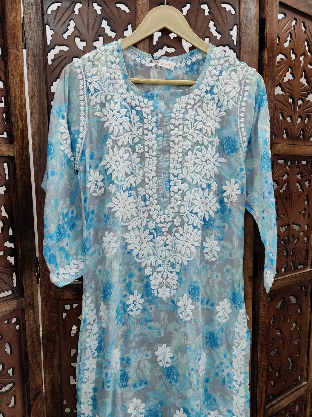 Sky Blue Mulmul Printed Chikankari Straight Kurti