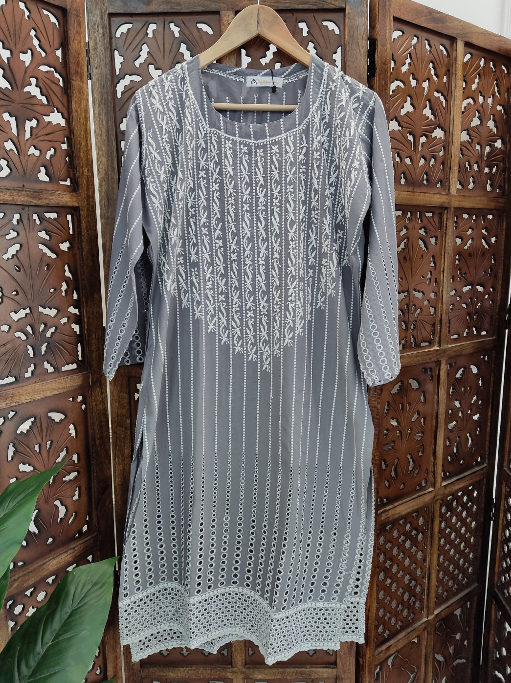 Grey Cotton Chikankari Straight Kurti