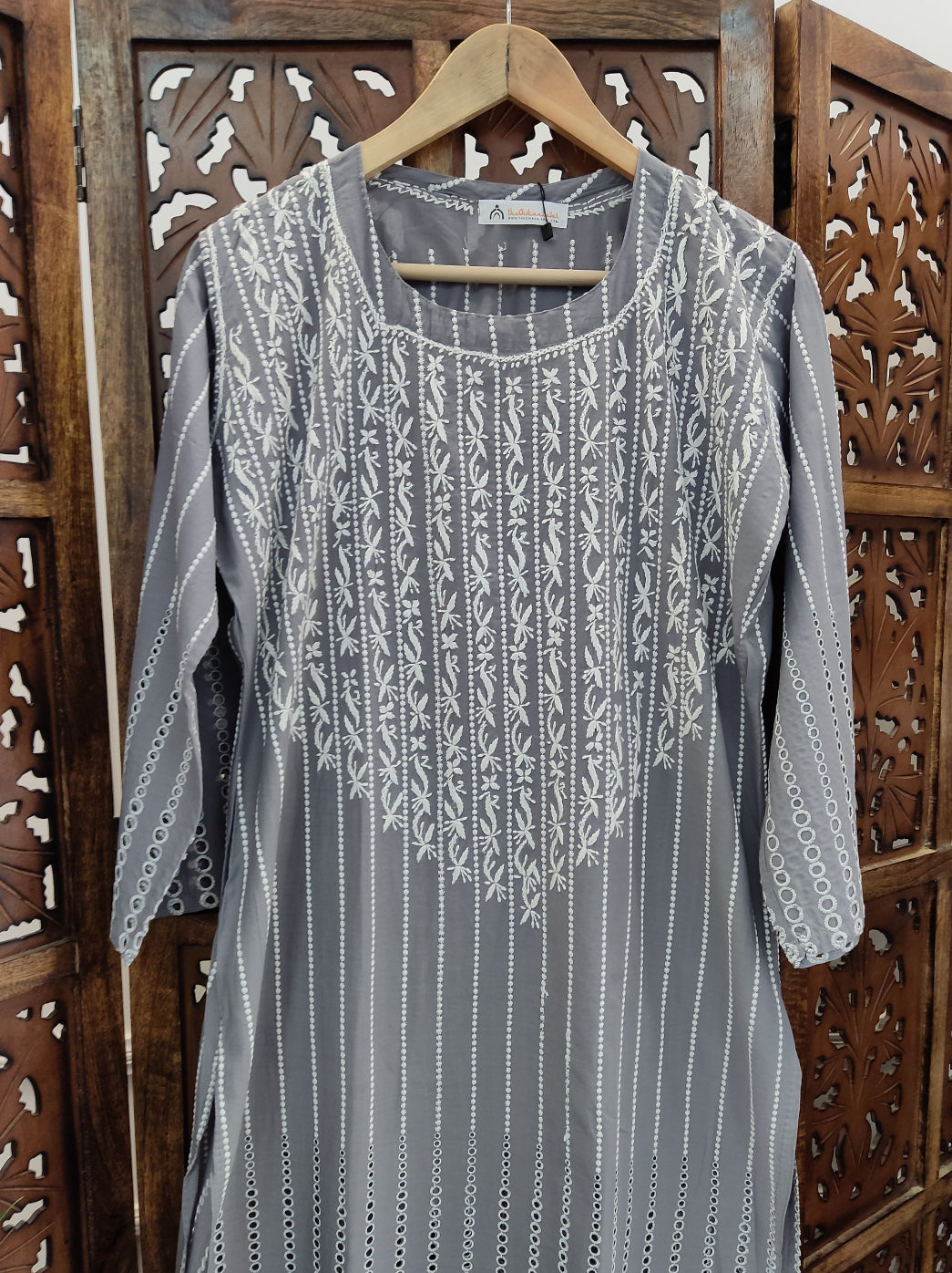 Grey Cotton Chikankari Straight Kurti