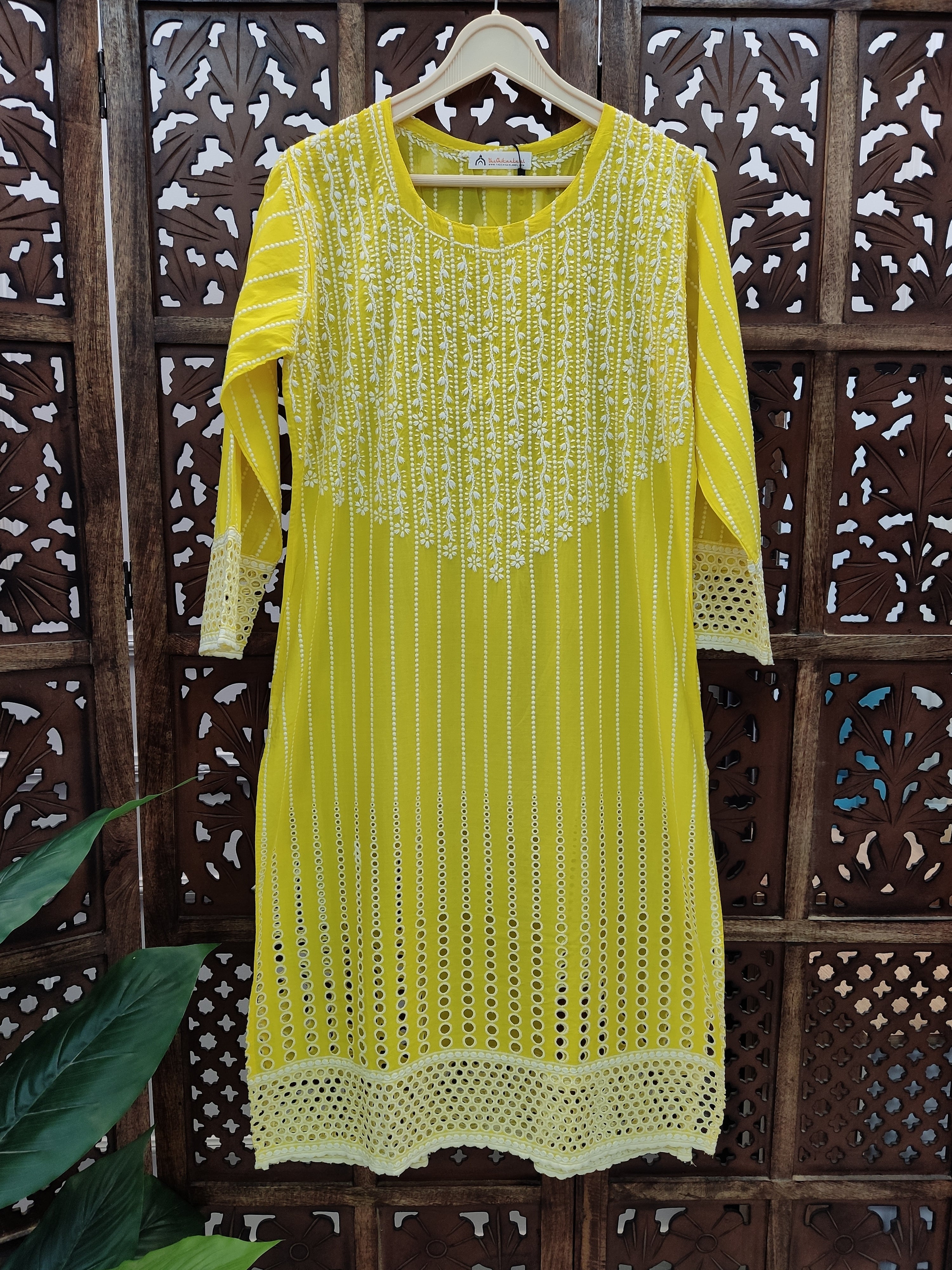 Yellow Cotton Chikankari Straight Kurti