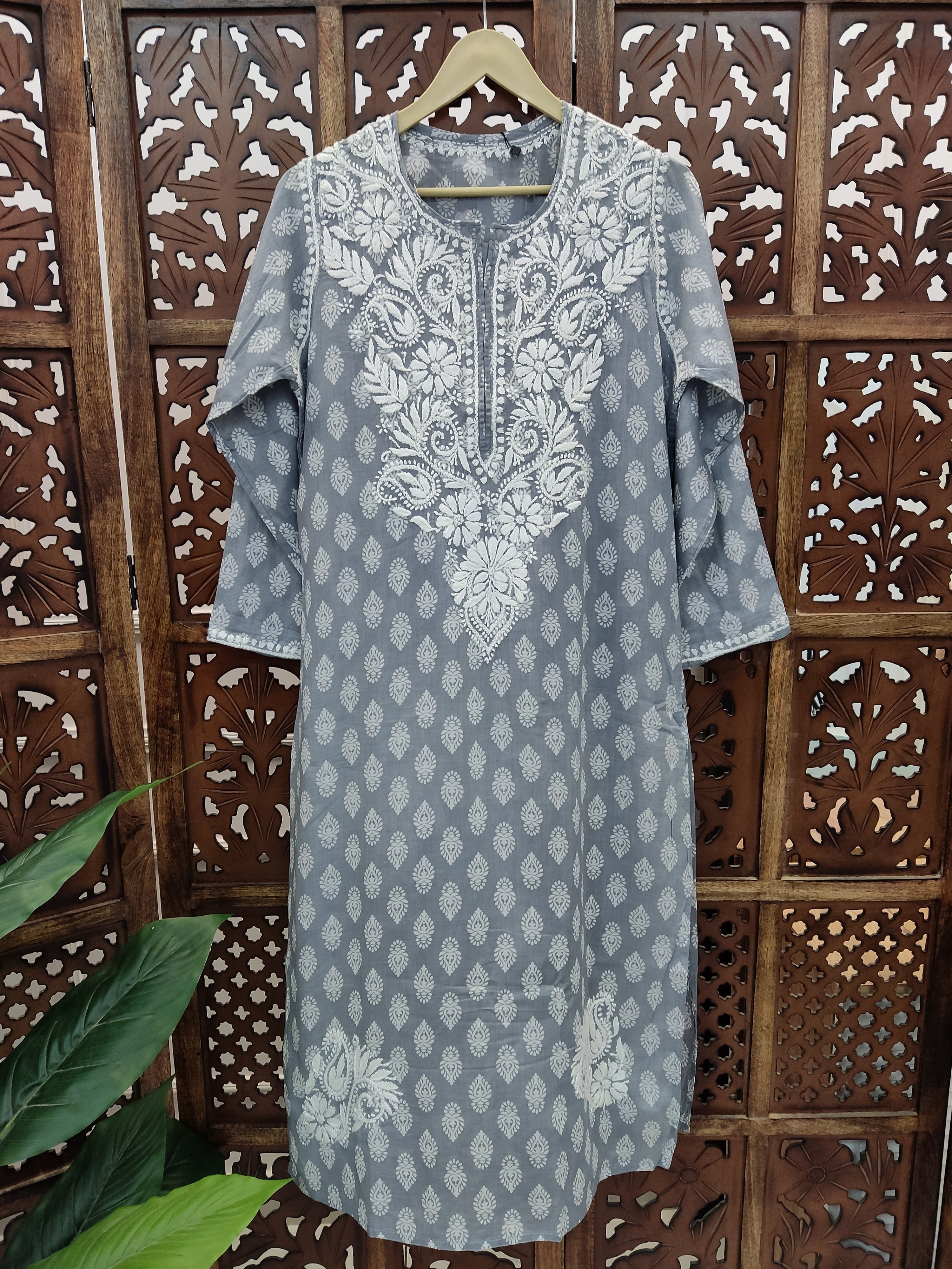 Grey Cotton Chikankari Straight Kurti