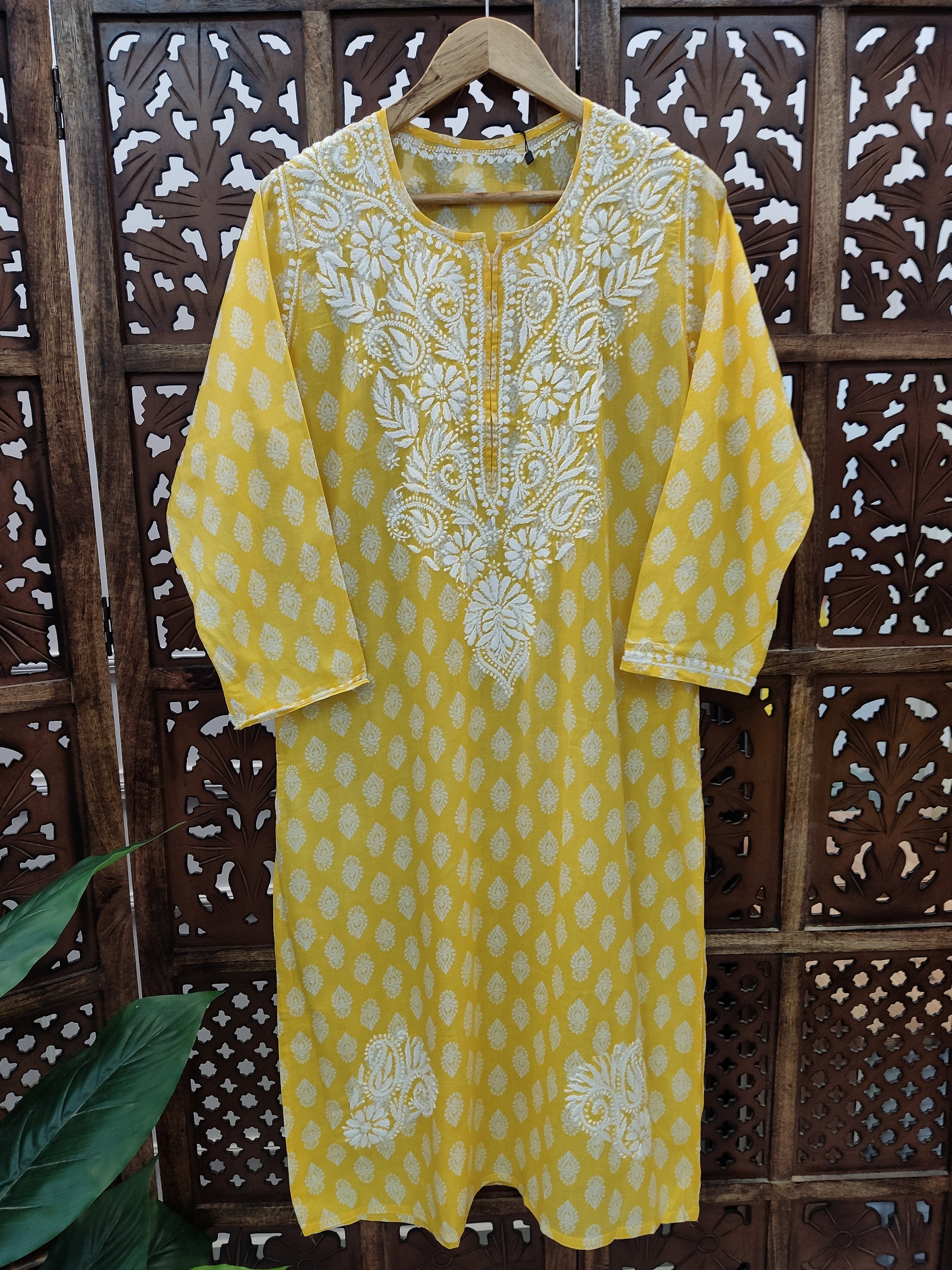 Yellow Cotton Chikankari Straight Kurti