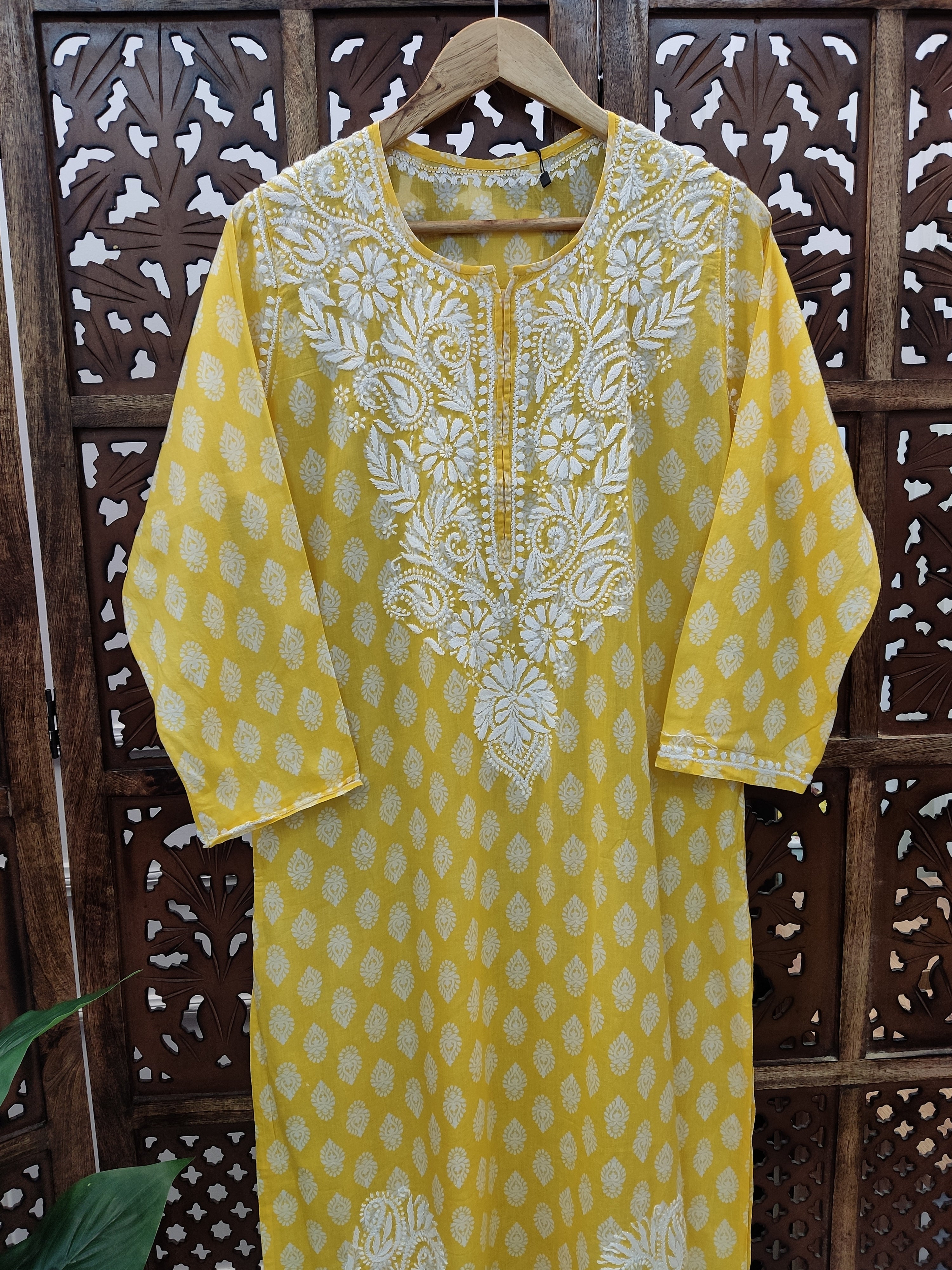 Yellow Cotton Chikankari Straight Kurti