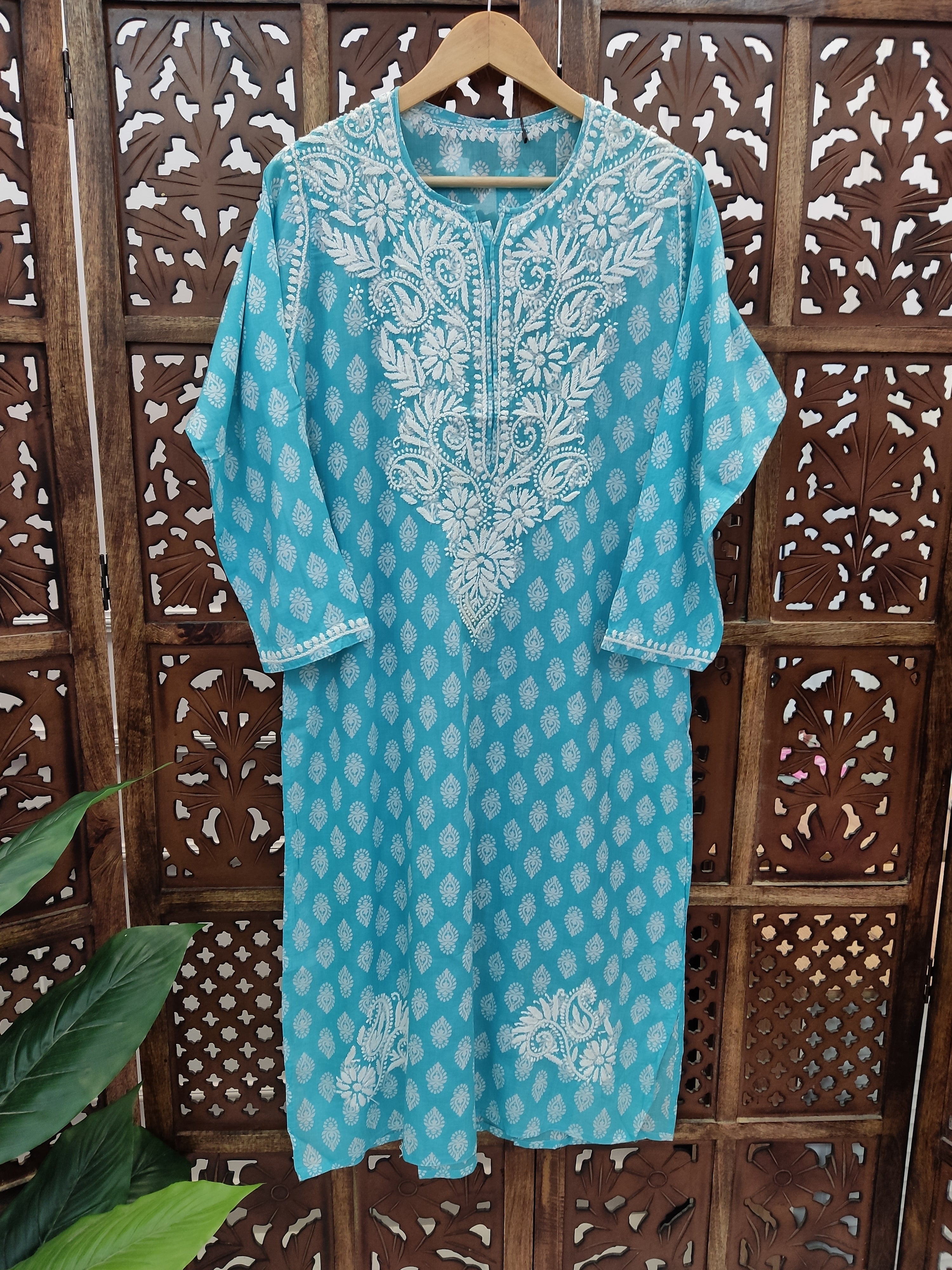 Sky Blue Cotton Chikankari Straight Kurti