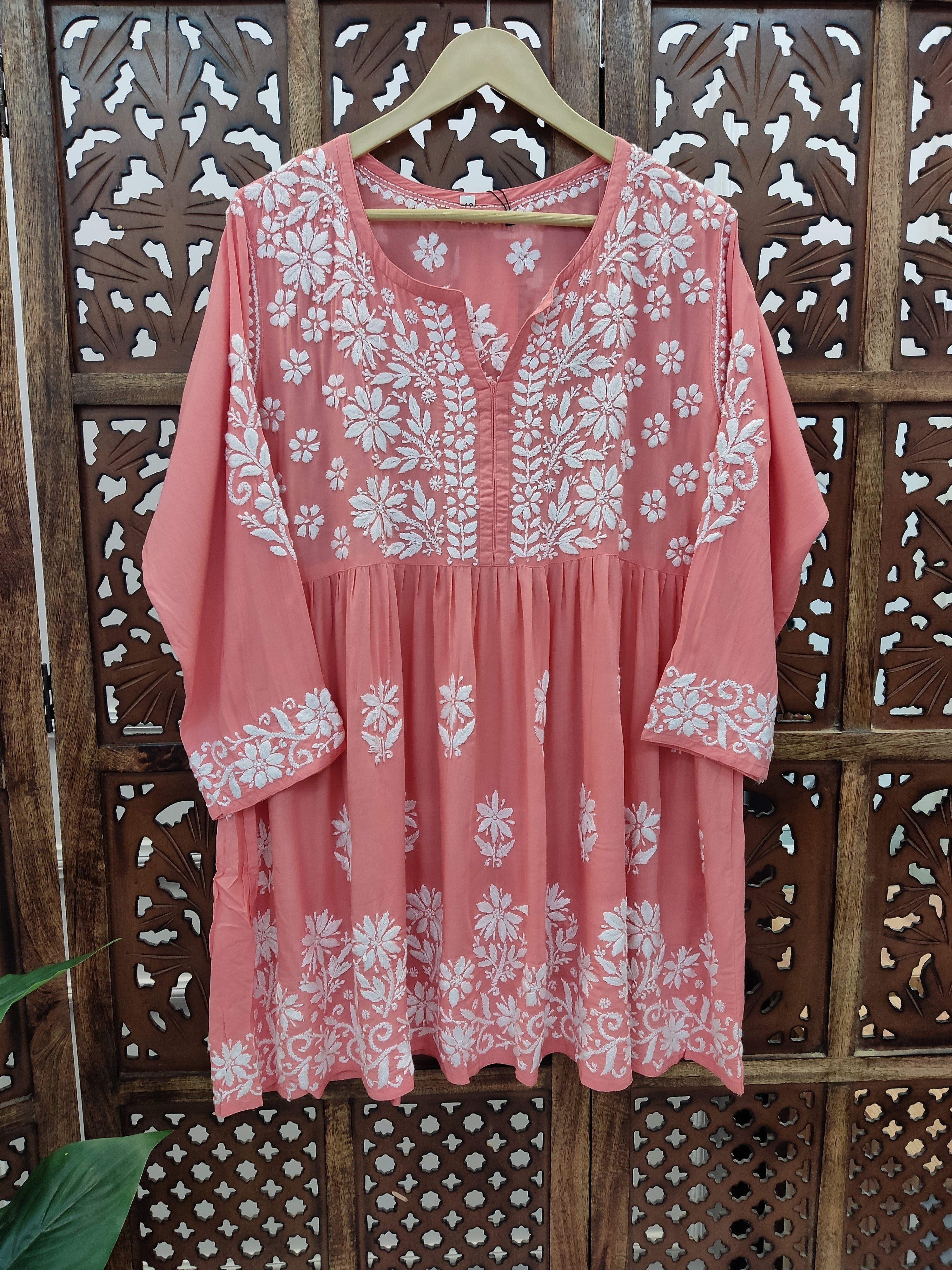 Peach Modal Chikankari Peplum Tunic Top