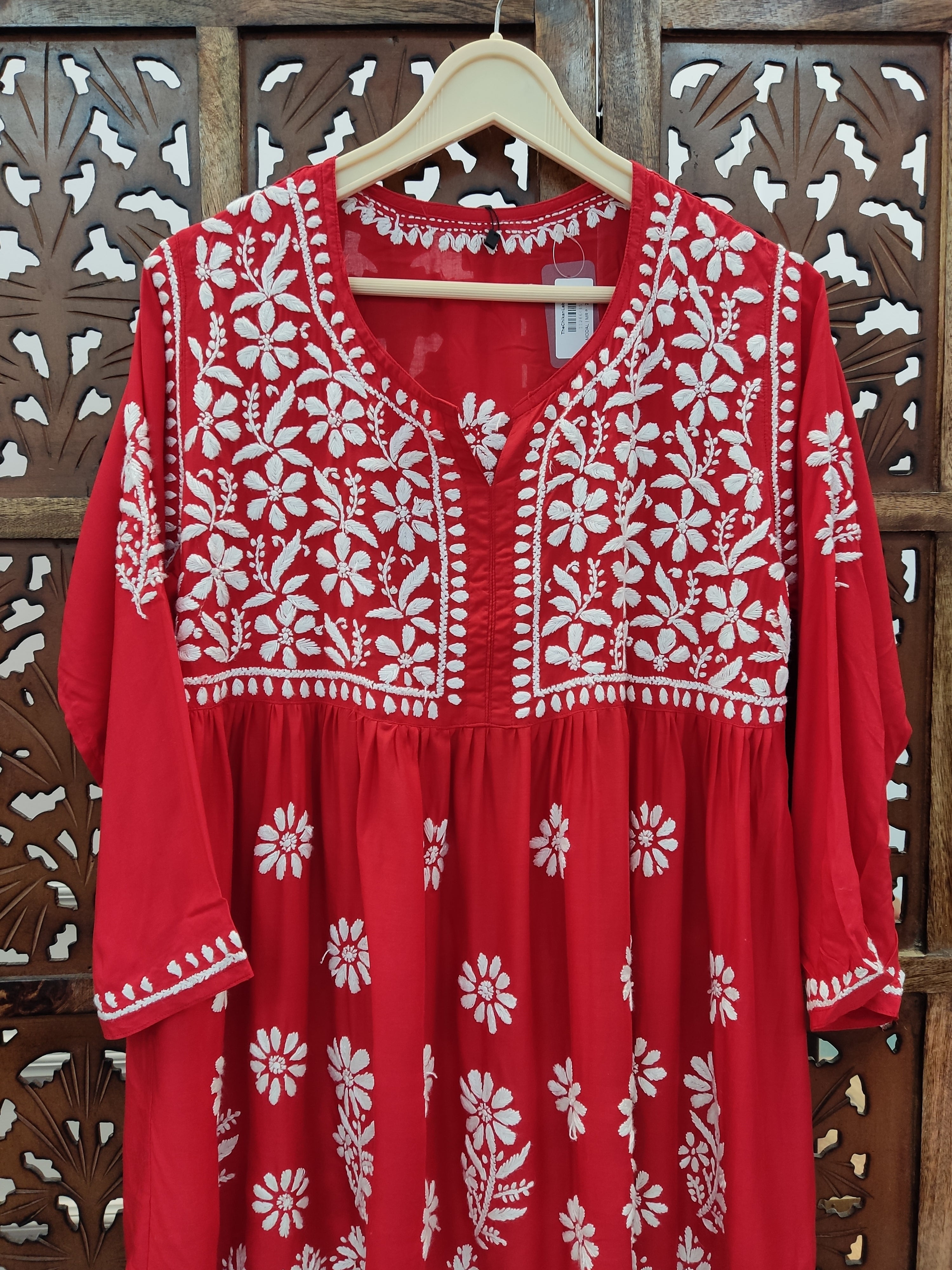 Red Modal Chikankari Peplum Tunic Top