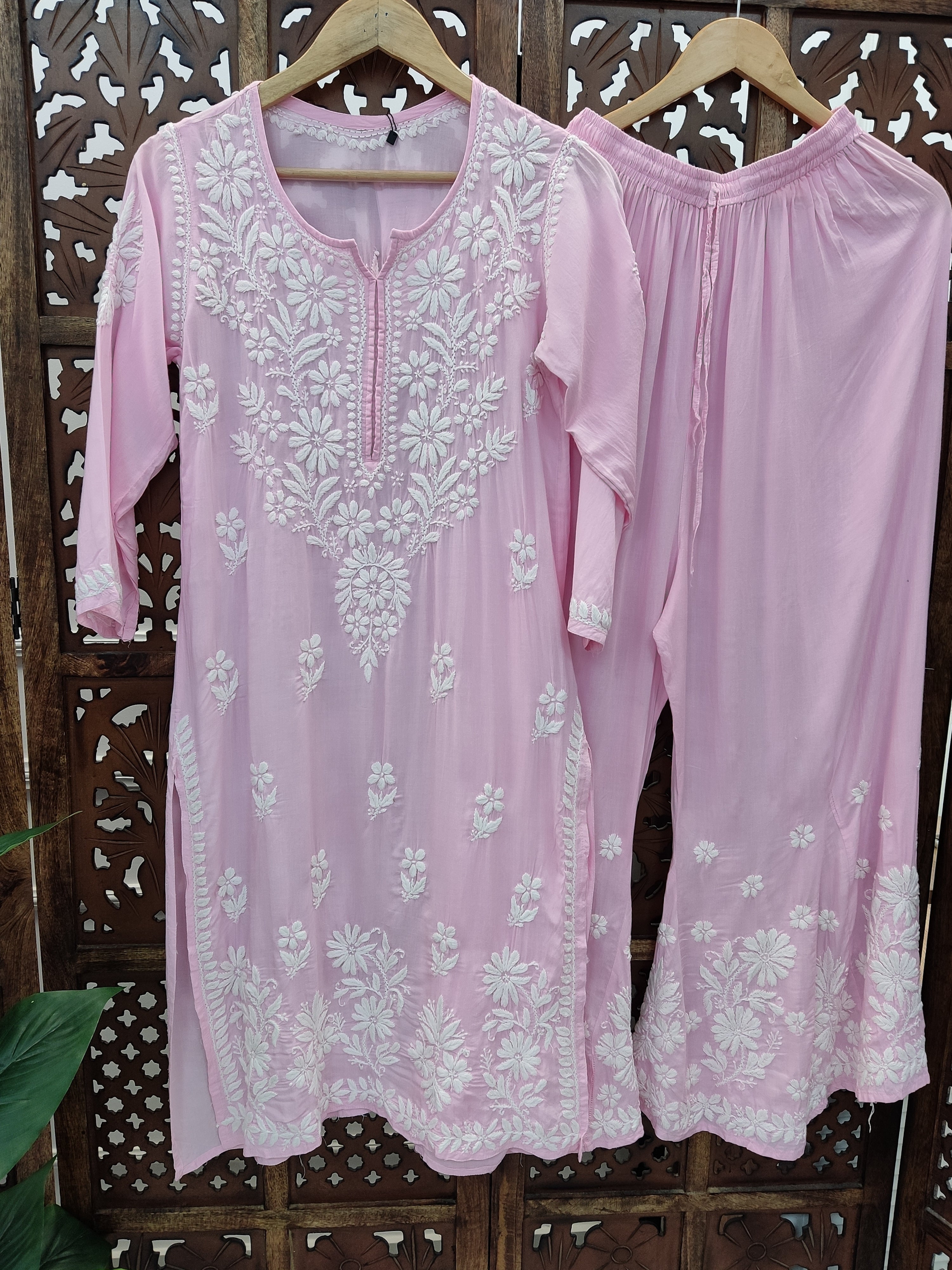 Baby Pink Modal Chikankari Kurti Palazzo Set