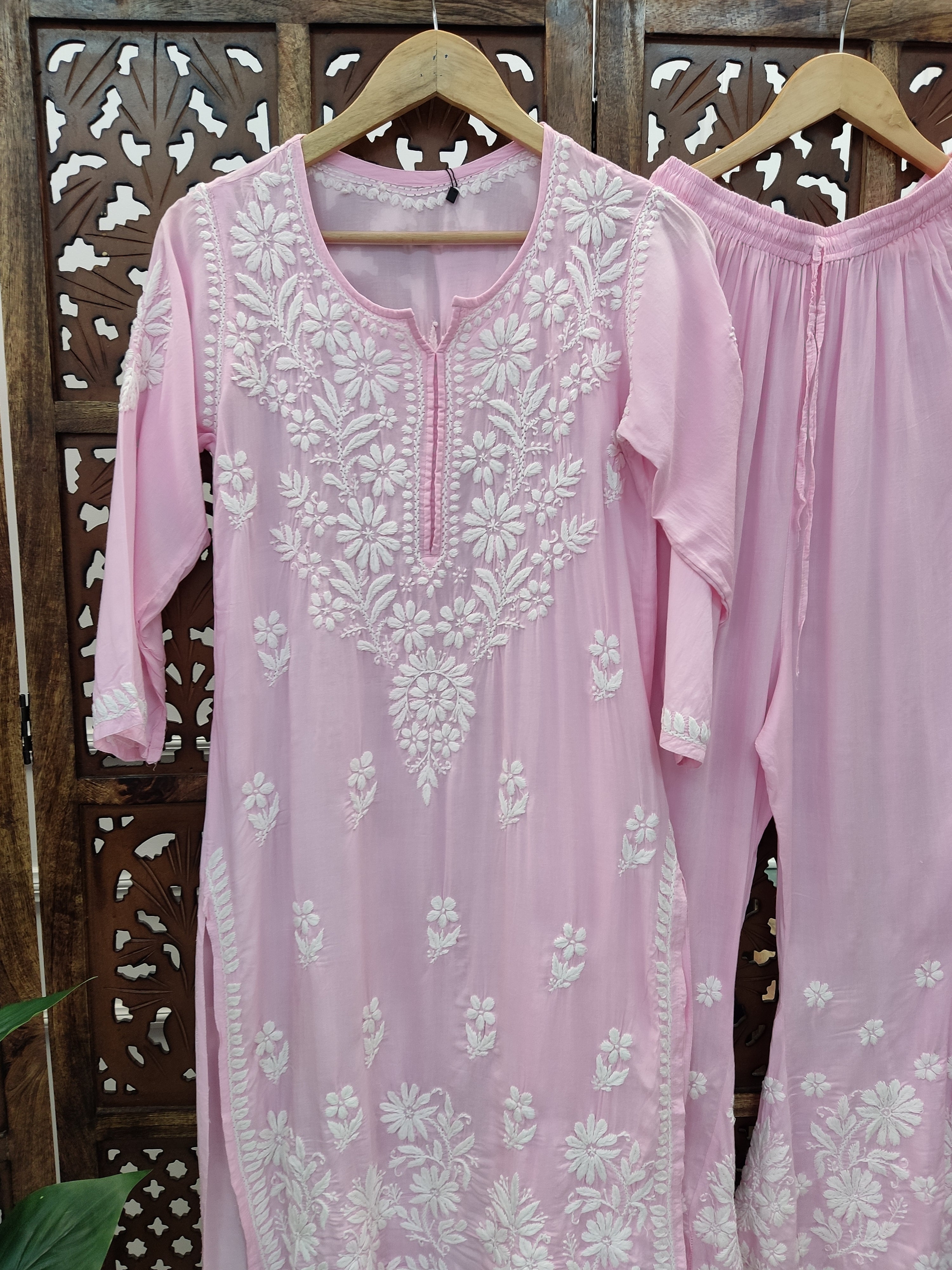 Baby Pink Modal Chikankari Kurti Palazzo Set