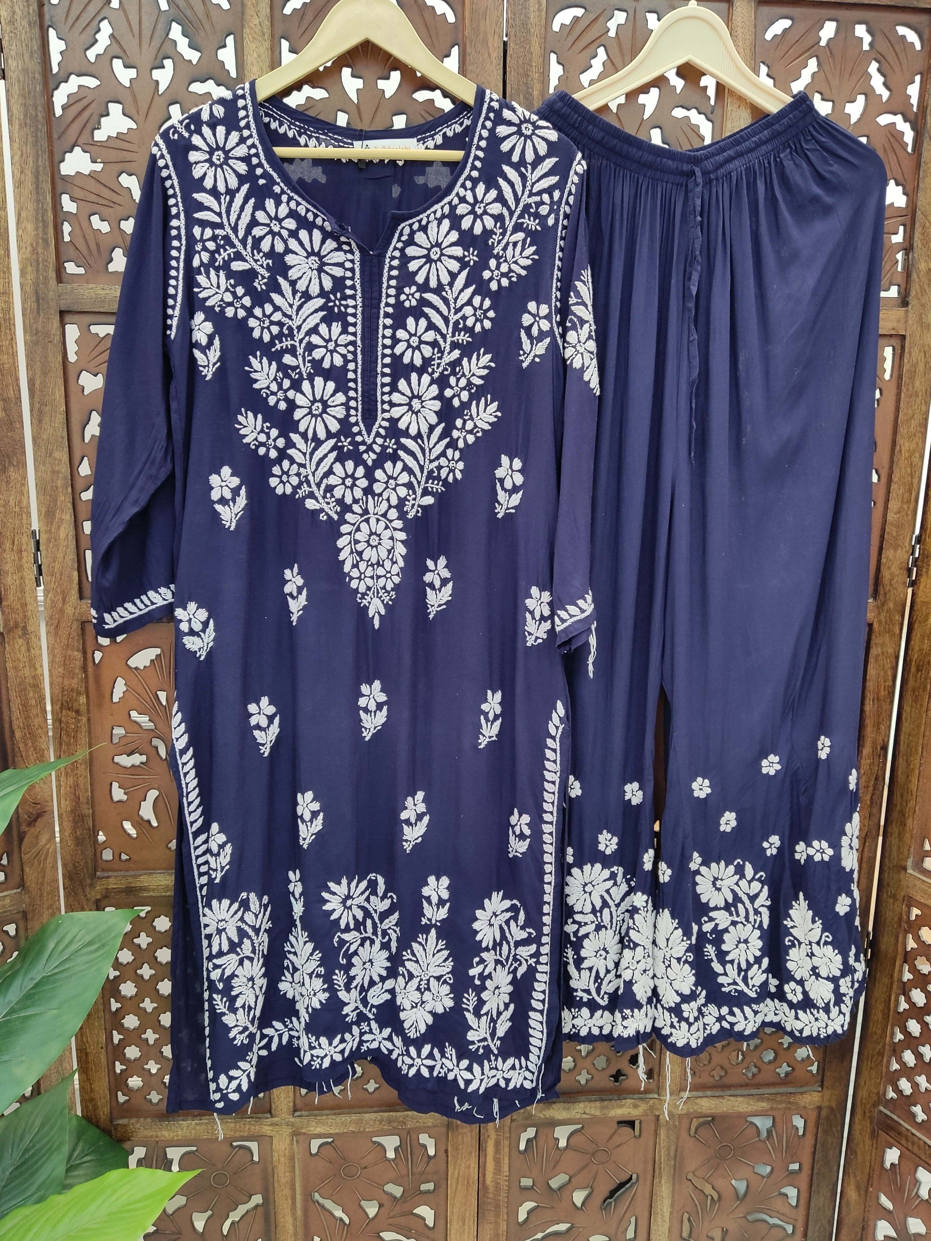 Navy Blue Modal Chikankari Kurti Palazzo Set