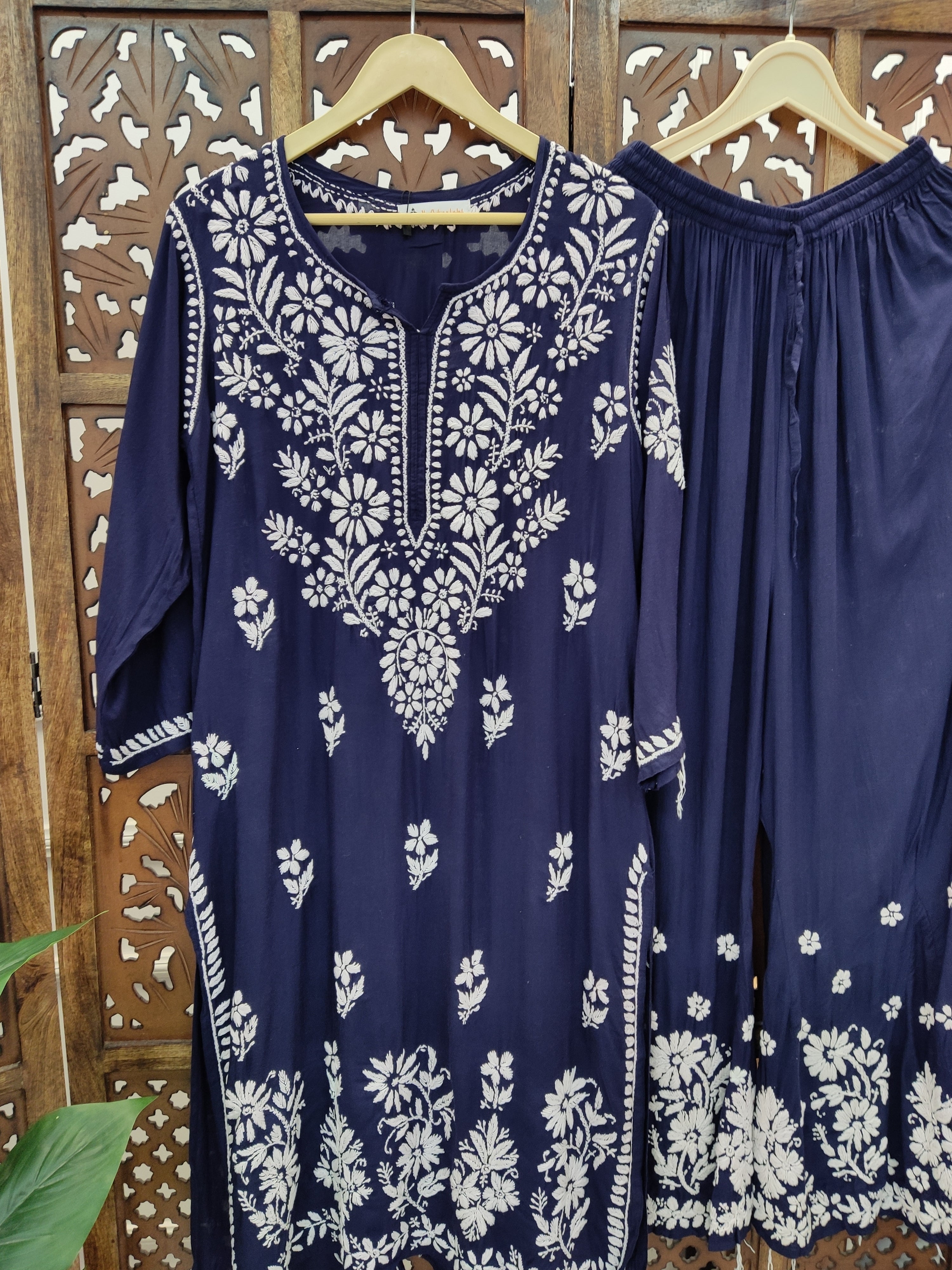 Navy Blue Modal Chikankari Kurti Palazzo Set