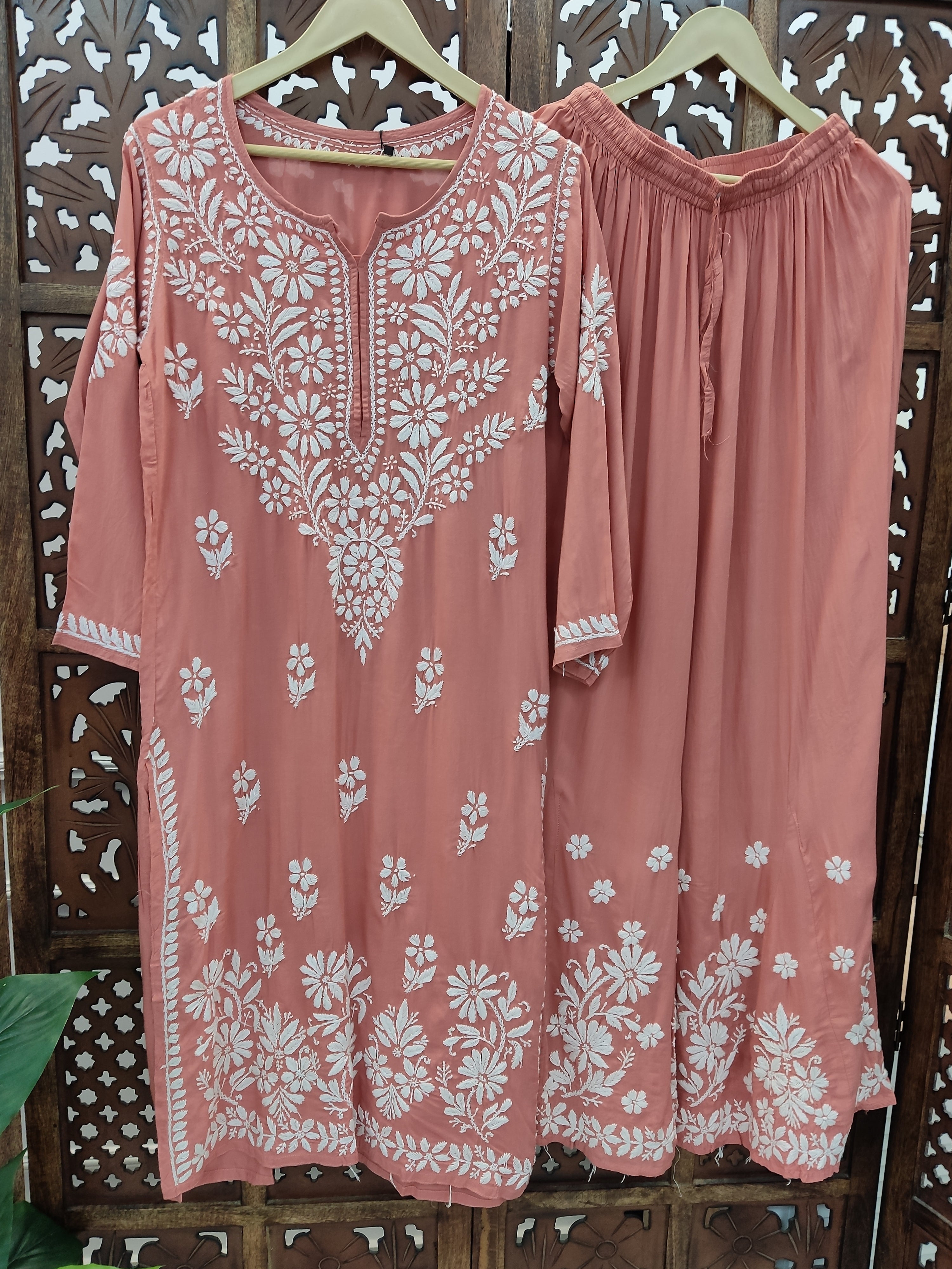 Coral Modal Chikankari Kurti Palazzo Set