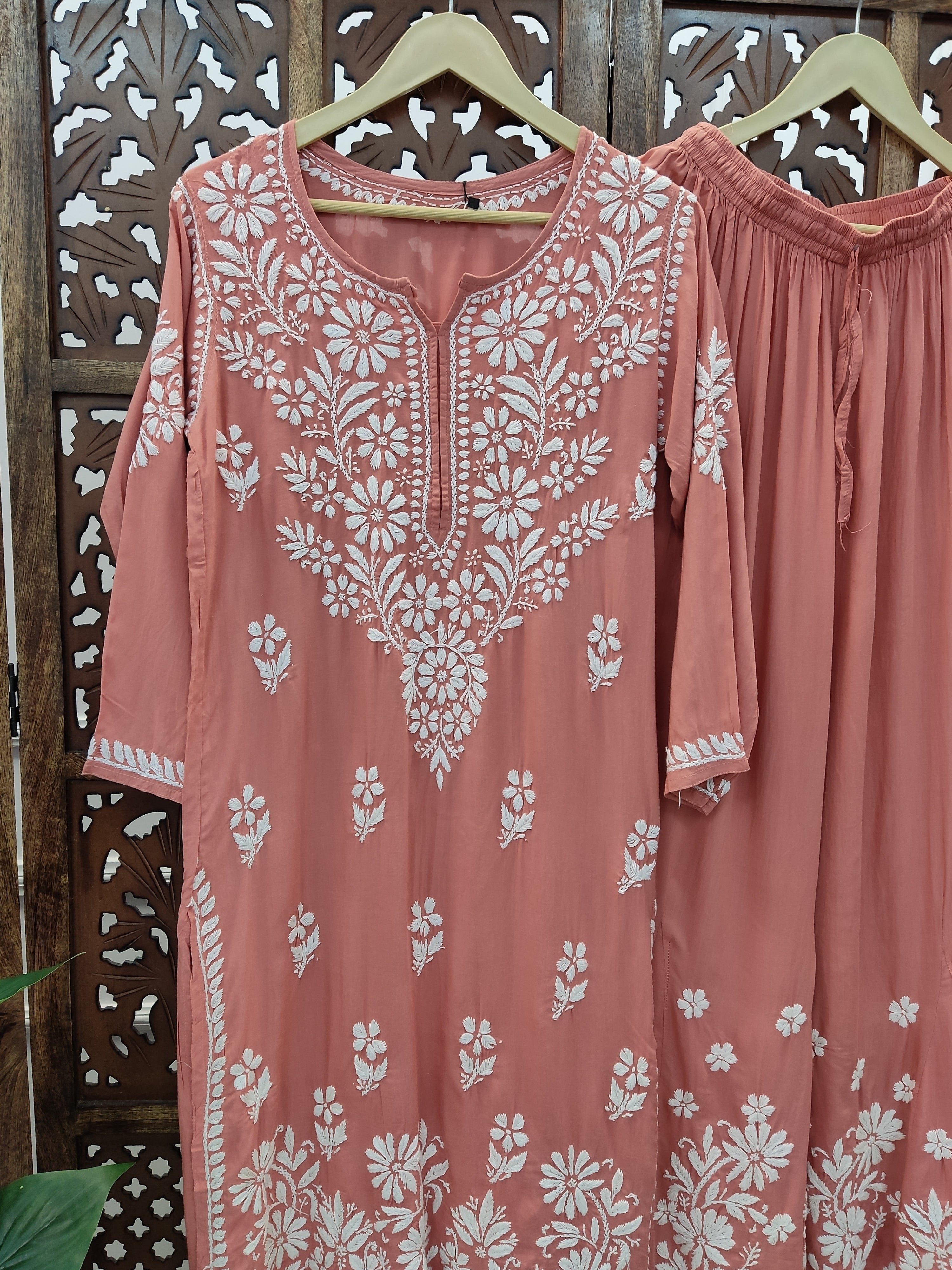 Coral Modal Chikankari Kurti Palazzo Set