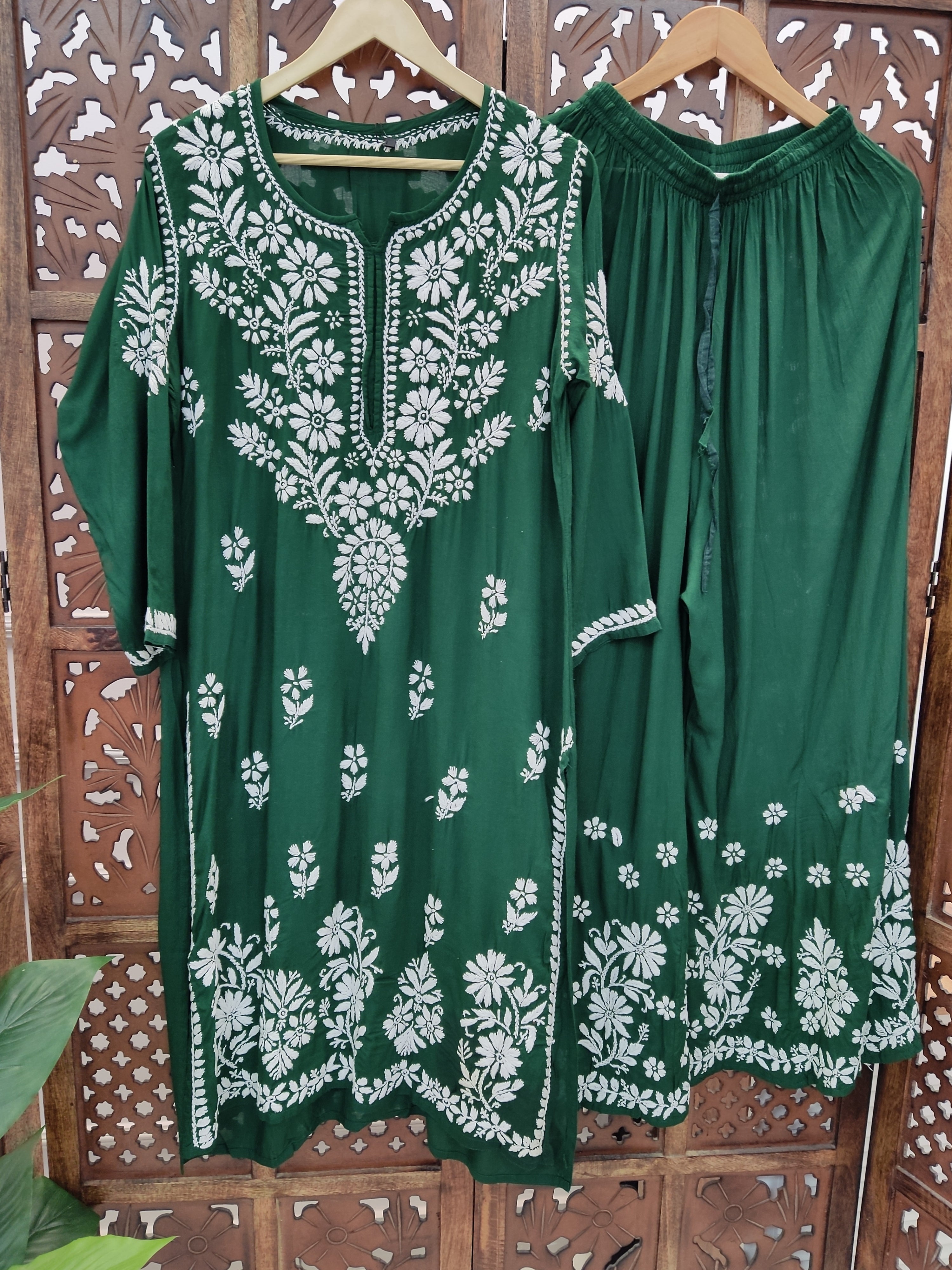 Green Modal Chikankari Kurti Palazzo Set