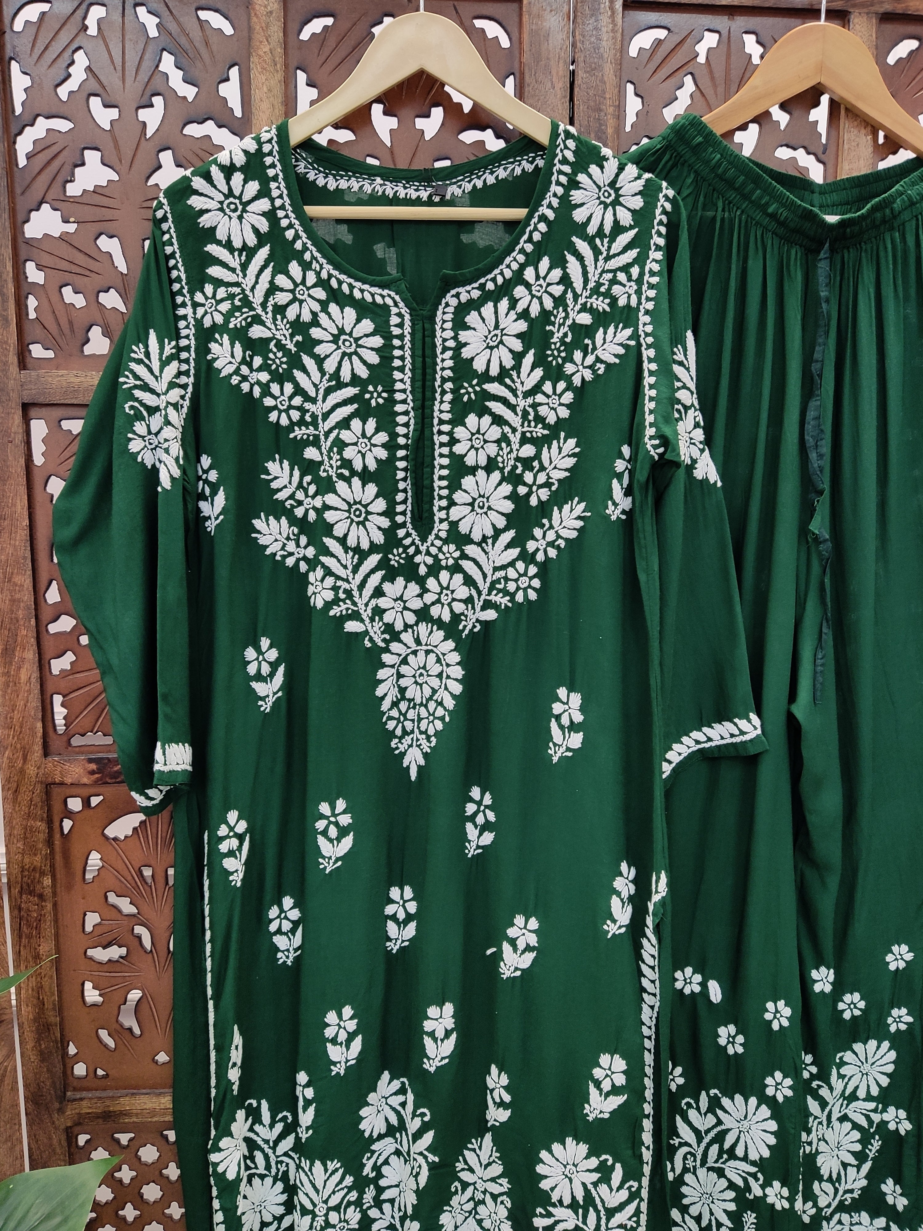 Green Modal Chikankari Kurti Palazzo Set