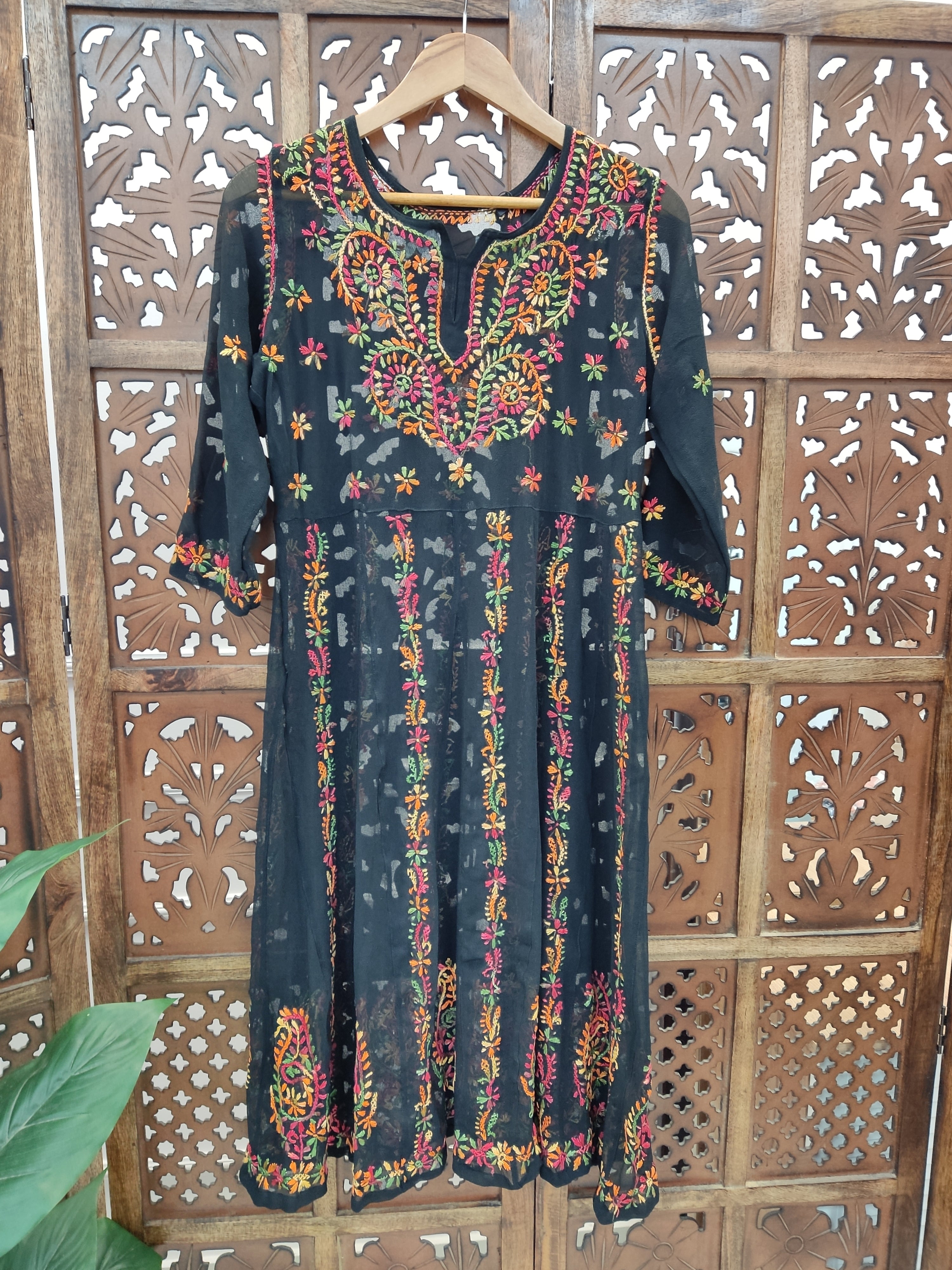 Black Multi Georgette Chikankari Straight Kurti