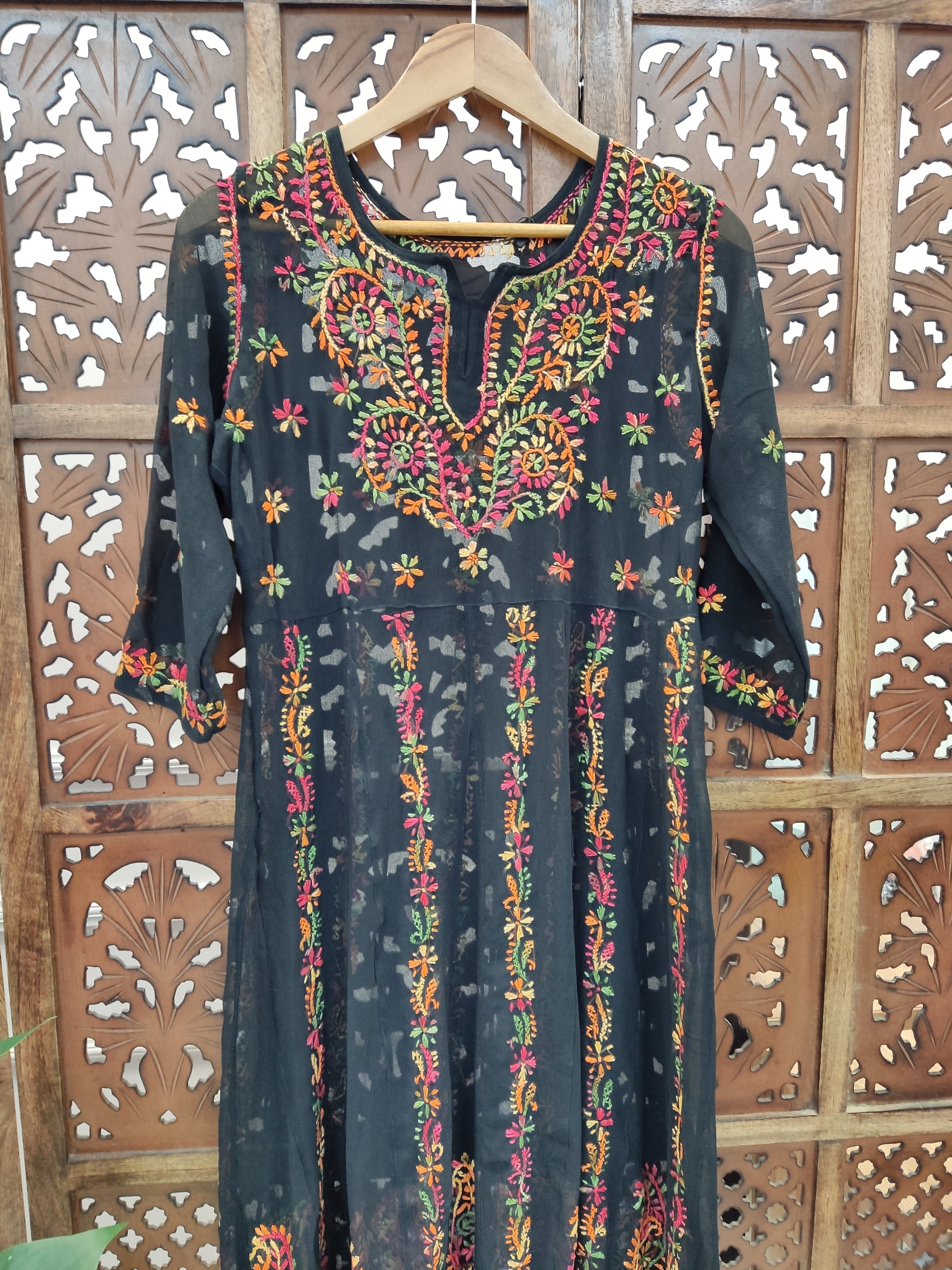 Black Multi Georgette Chikankari Straight Kurti