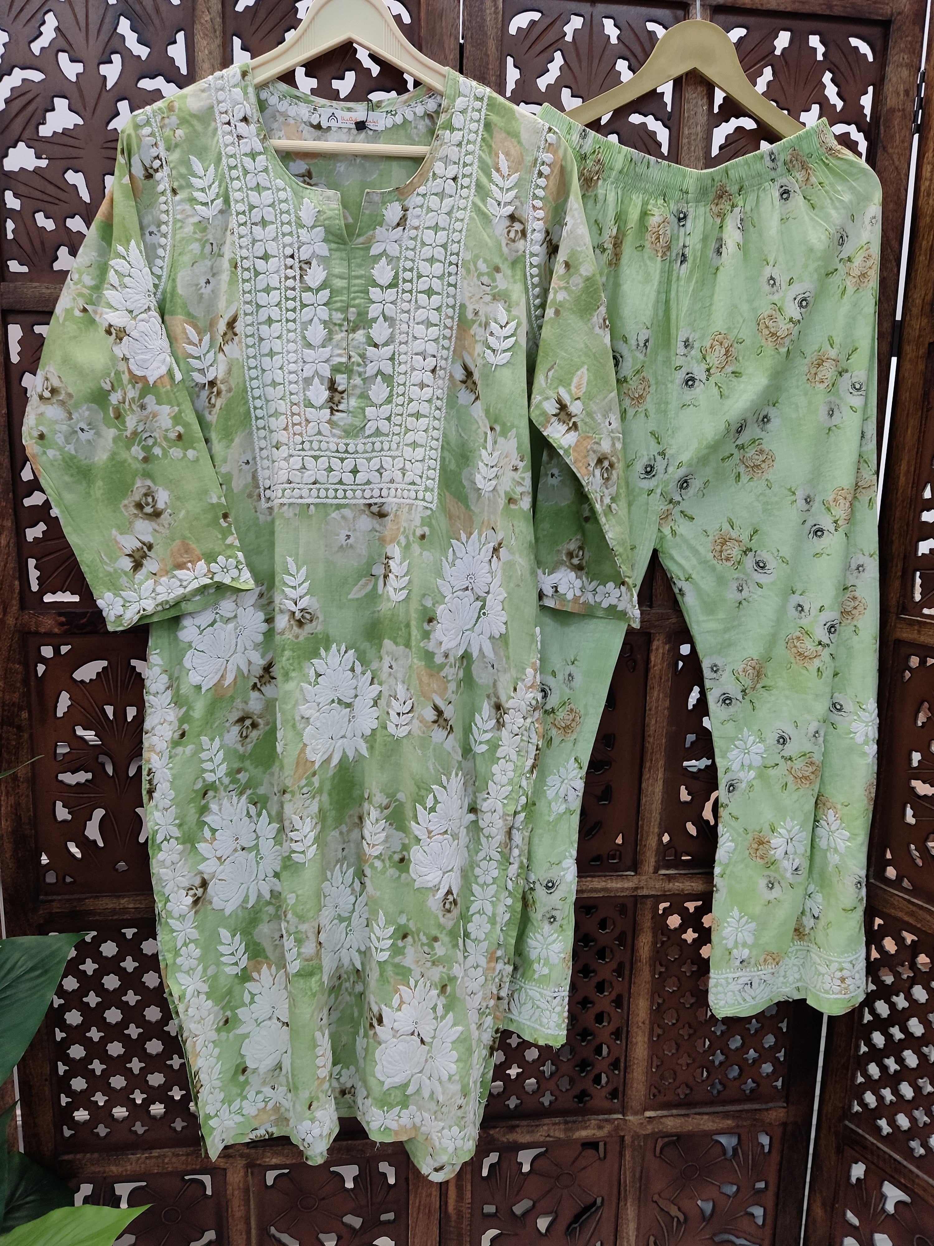 Pista Green Mulmul Chikankari Kurti Palazzo Set