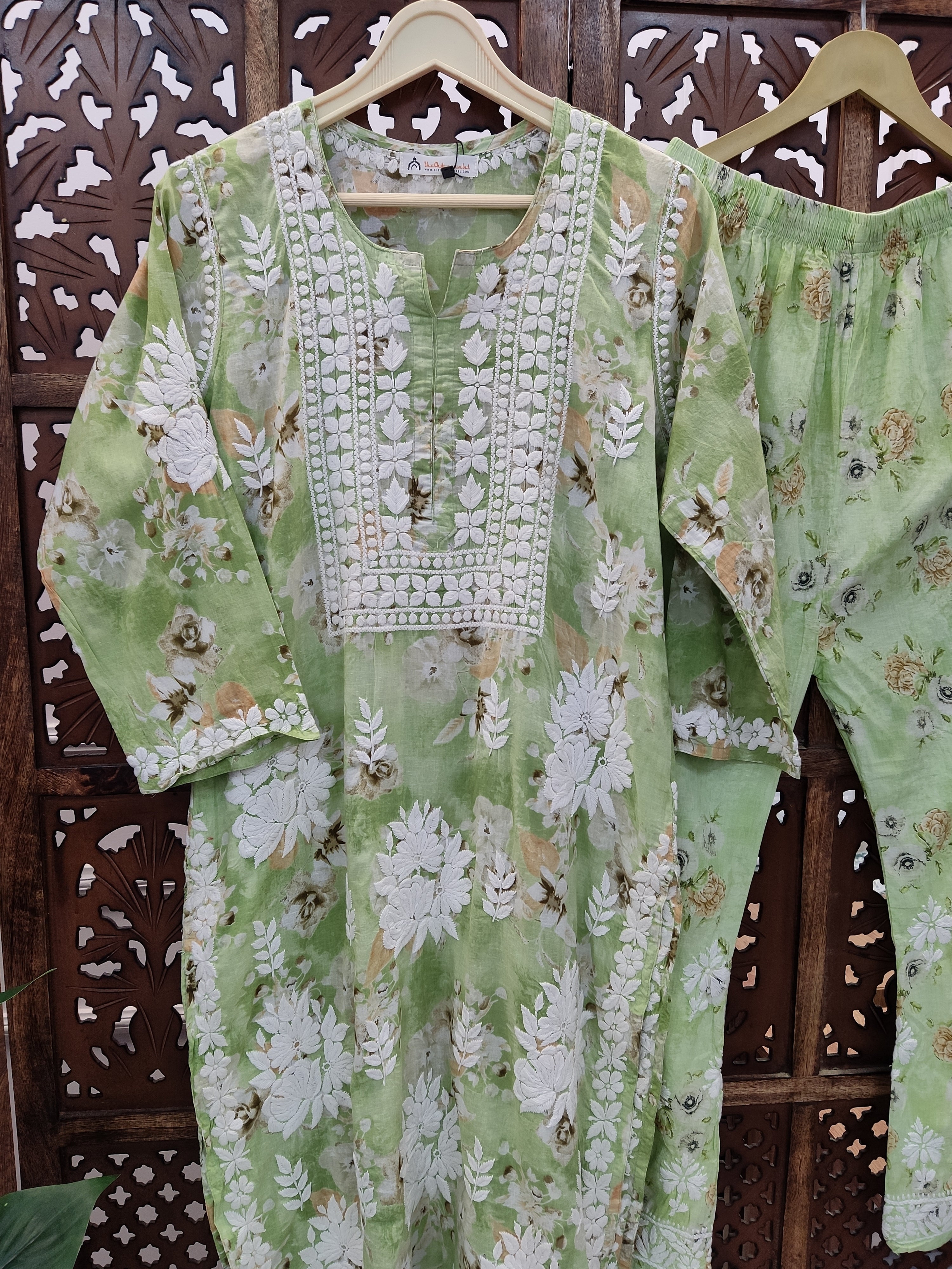 Pista Green Mulmul Chikankari Kurti Palazzo Set