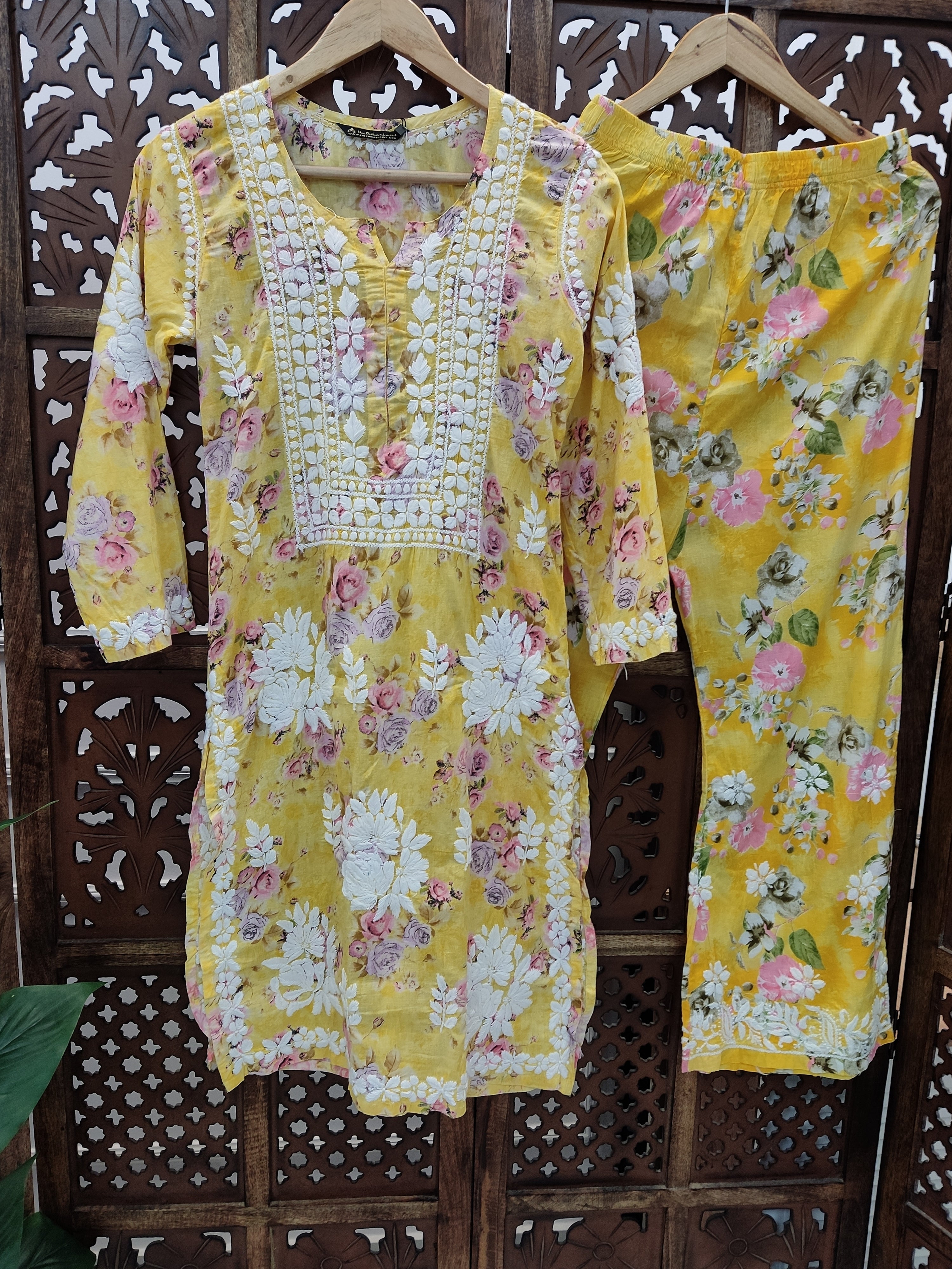 Yellow  Mulmul Chikankari Kurti Palazzo Set