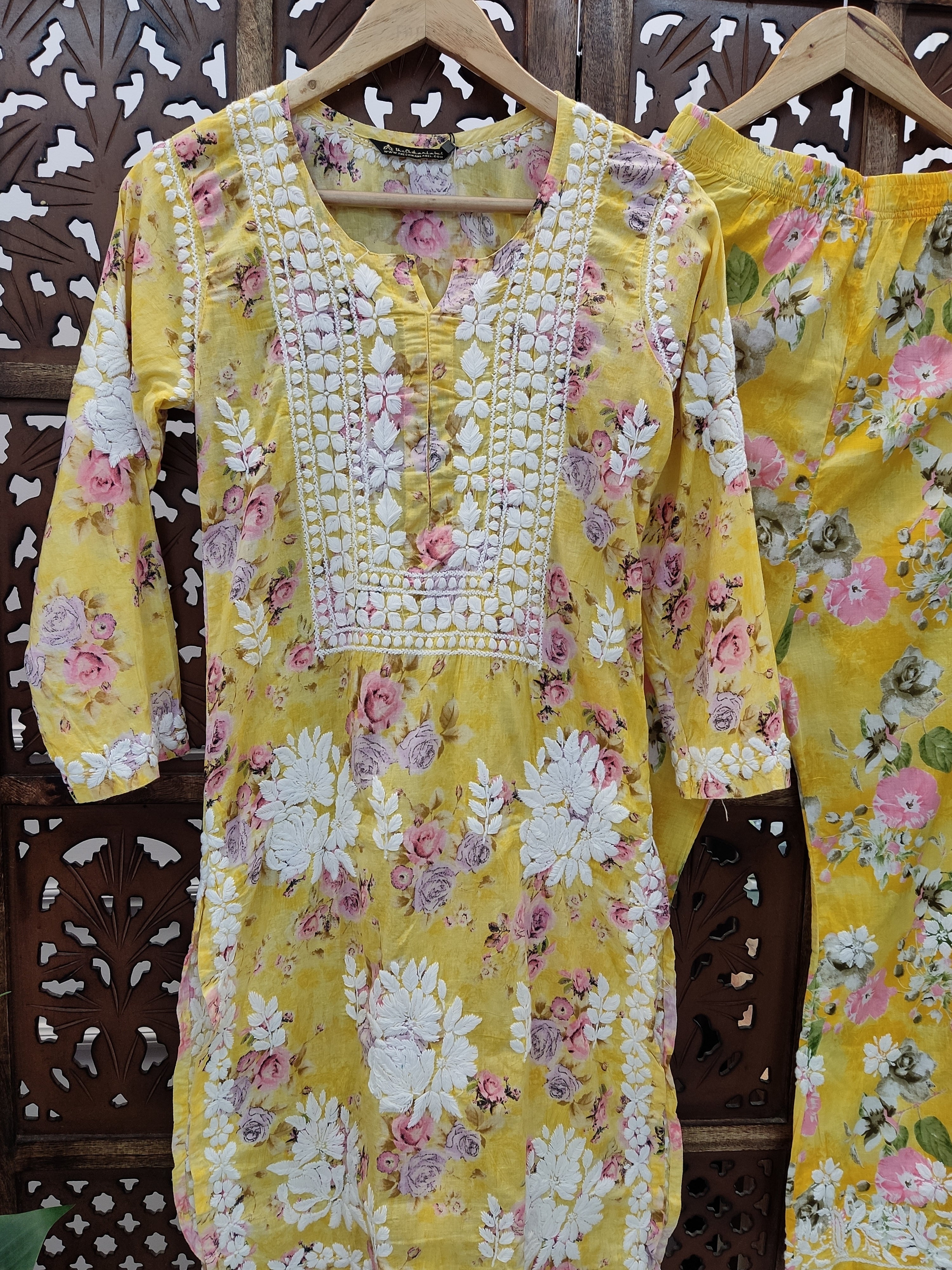 Yellow  Mulmul Chikankari Kurti Palazzo Set