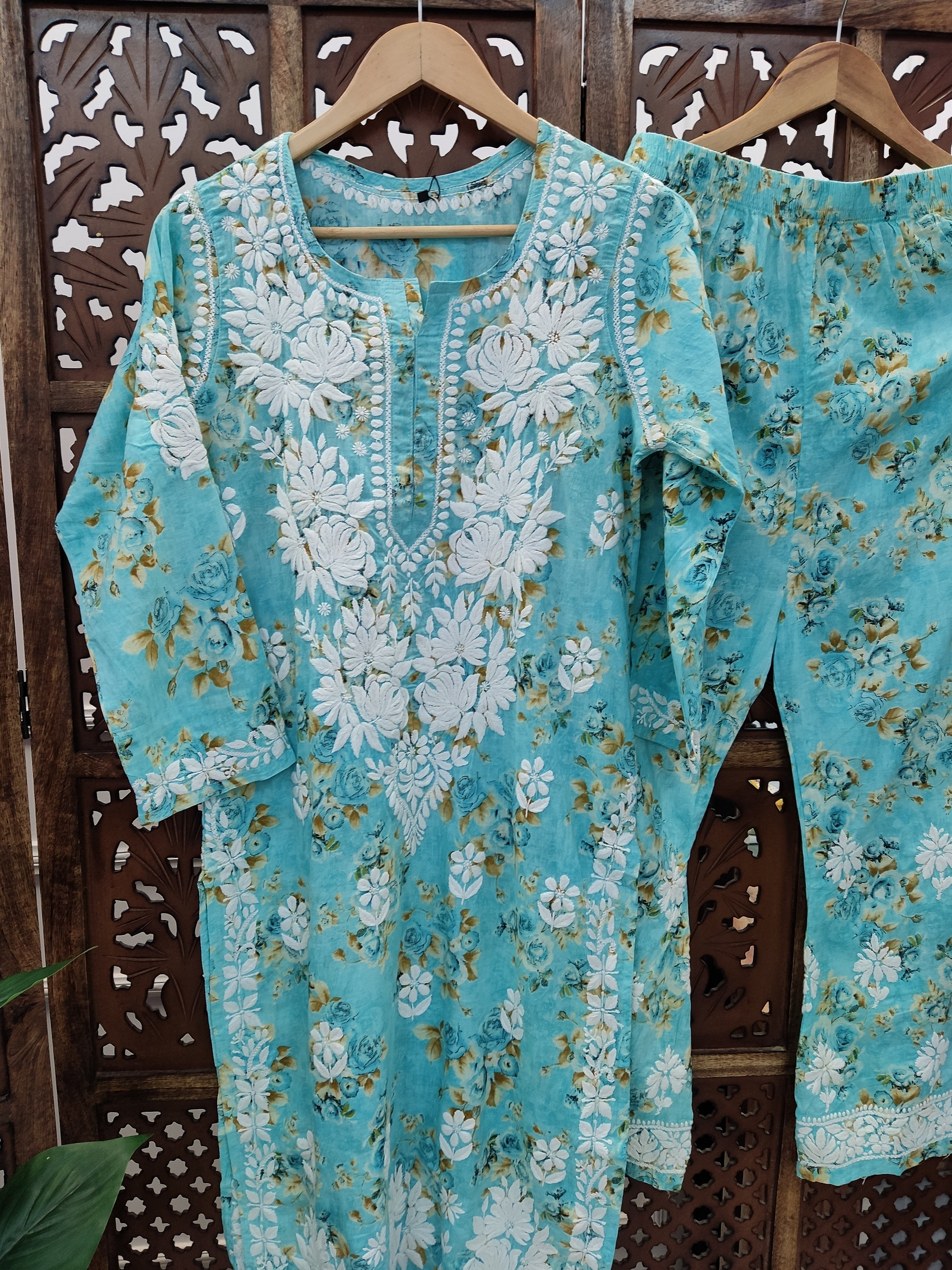 Sea Green Mulmul Chikankari Kurti Palazzo Set