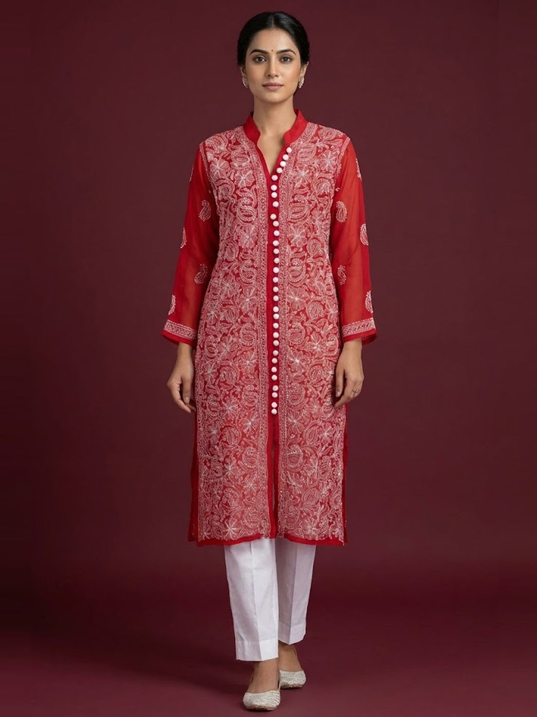 Red Georgette Chikankari Straight Kurti