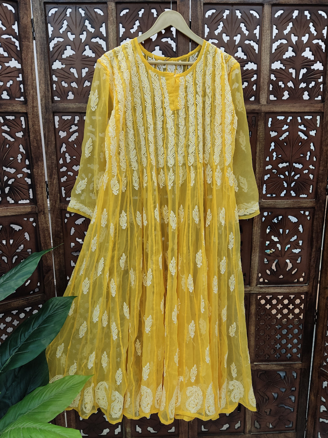 Yellow Georgette Chikankari 56 Kali Anarkali Kurti