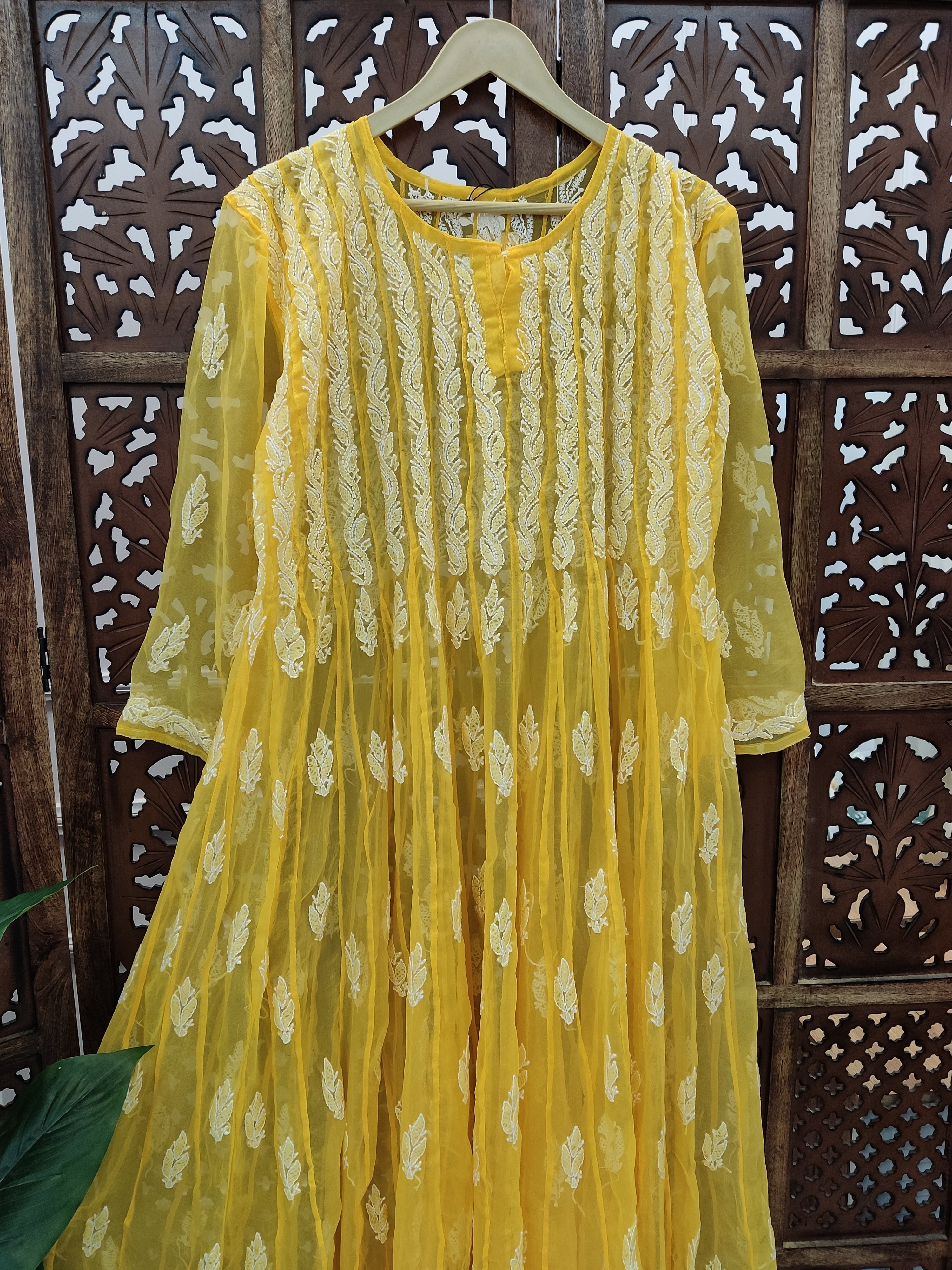 Yellow Georgette Chikankari 56 Kali Anarkali Kurti