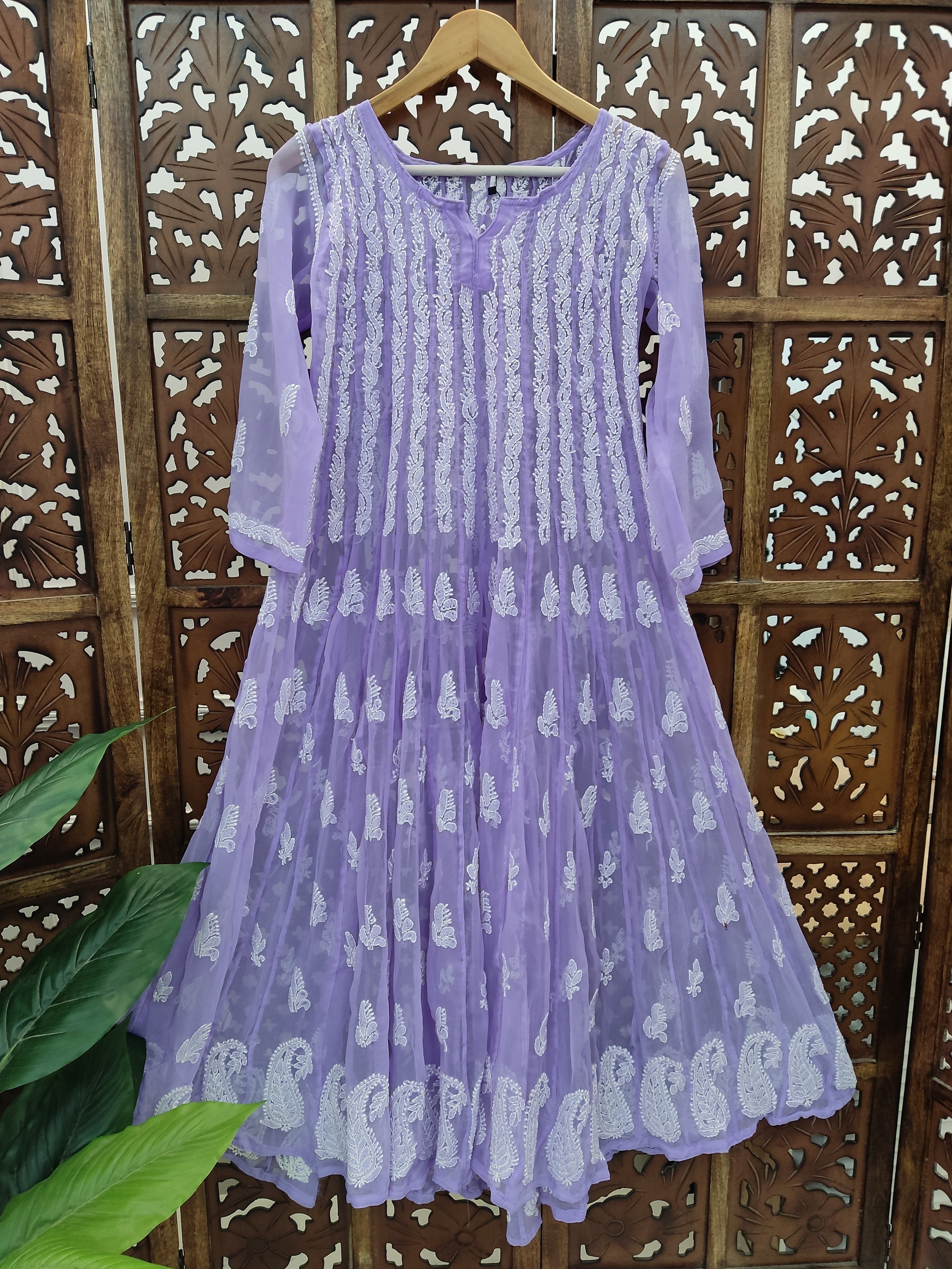 Lavender Georgette Chikankari 56 Kali Anarkali Kurti