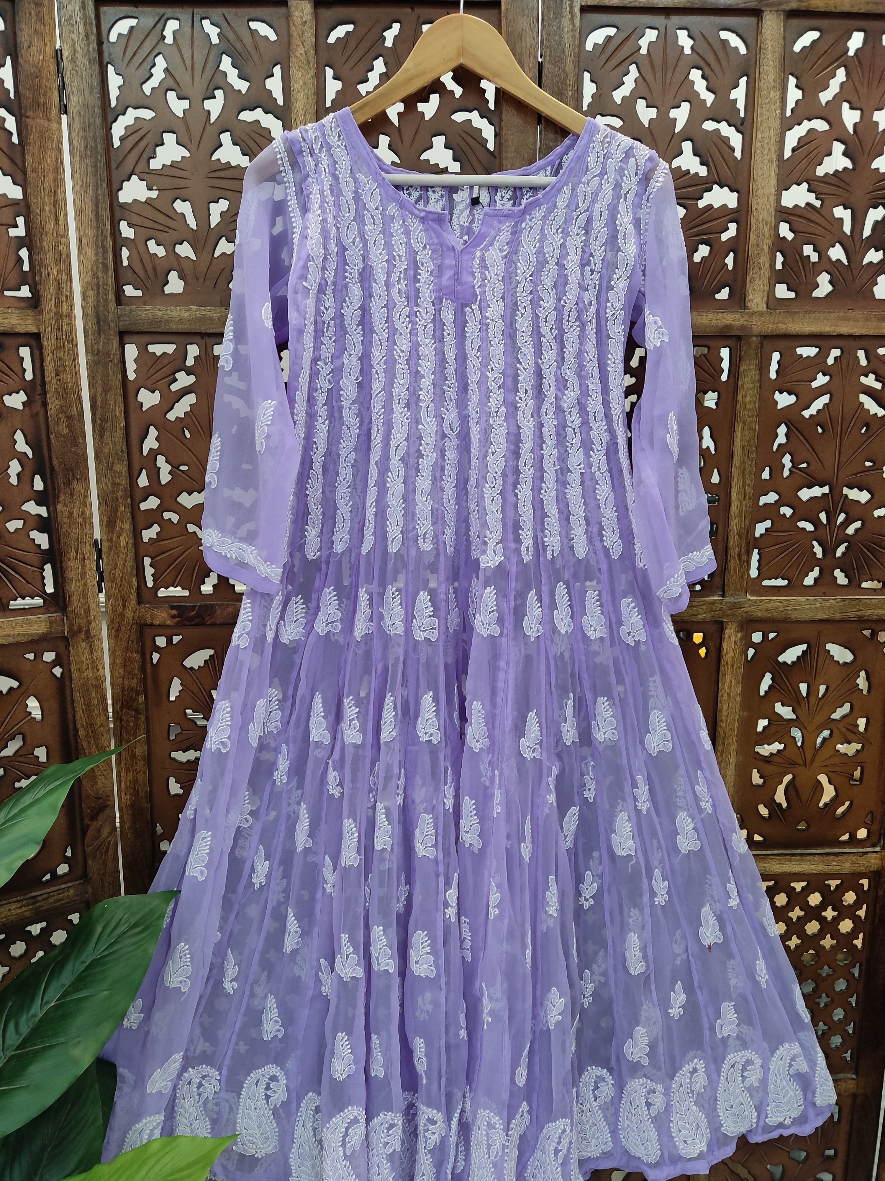 Lavender Georgette Chikankari 56 Kali Anarkali Kurti