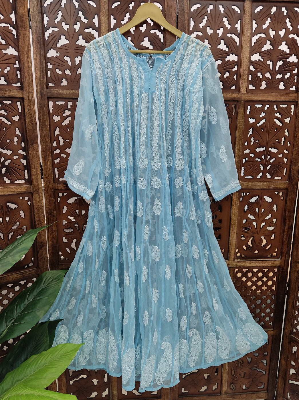 Sky Blue Georgette Chikankari 56 Kali Anarkali Kurti