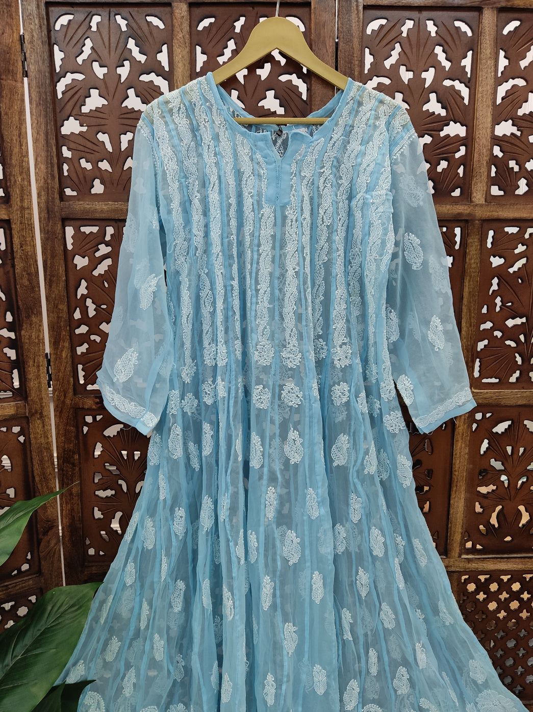 Sky Blue Georgette Chikankari 56 Kali Anarkali Kurti