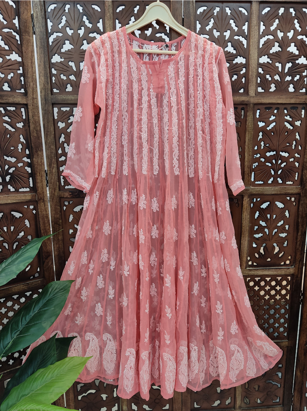 Peach Georgette Chikankari 56 Kali Anarkali Kurti