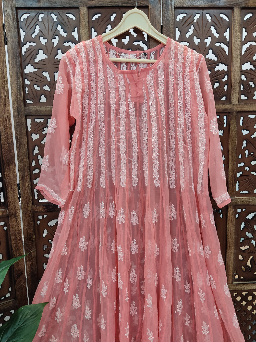 Peach Georgette Chikankari 56 Kali Anarkali Kurti