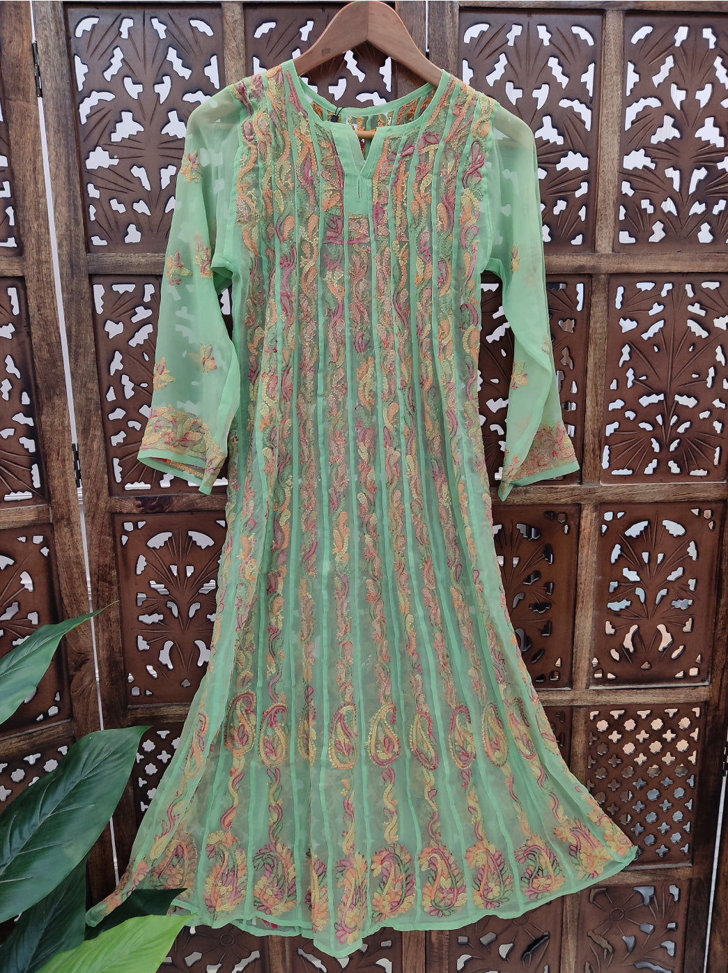 Green Georgette Chikankari Anarkali Kurti